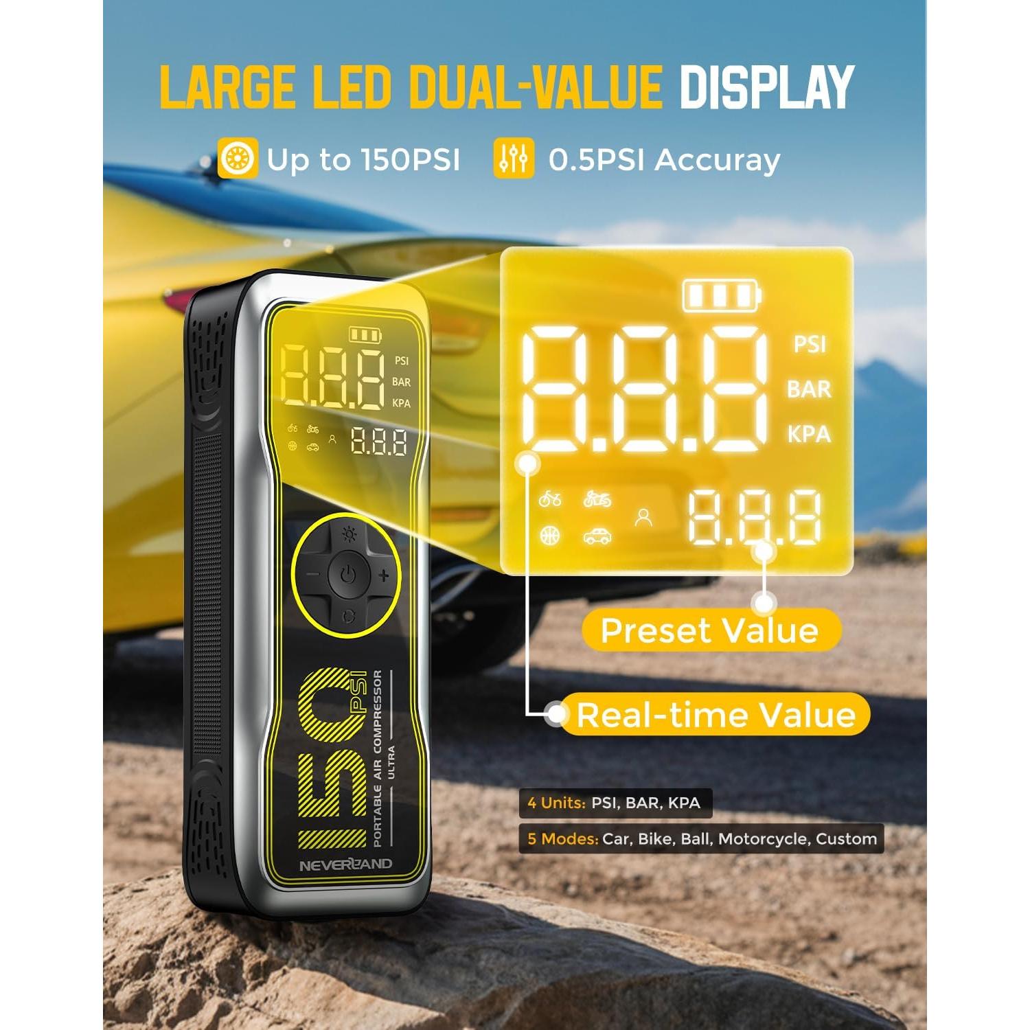 Compresor de Aire Portátil NEVERLAND 12V 16000mAh 150PSI