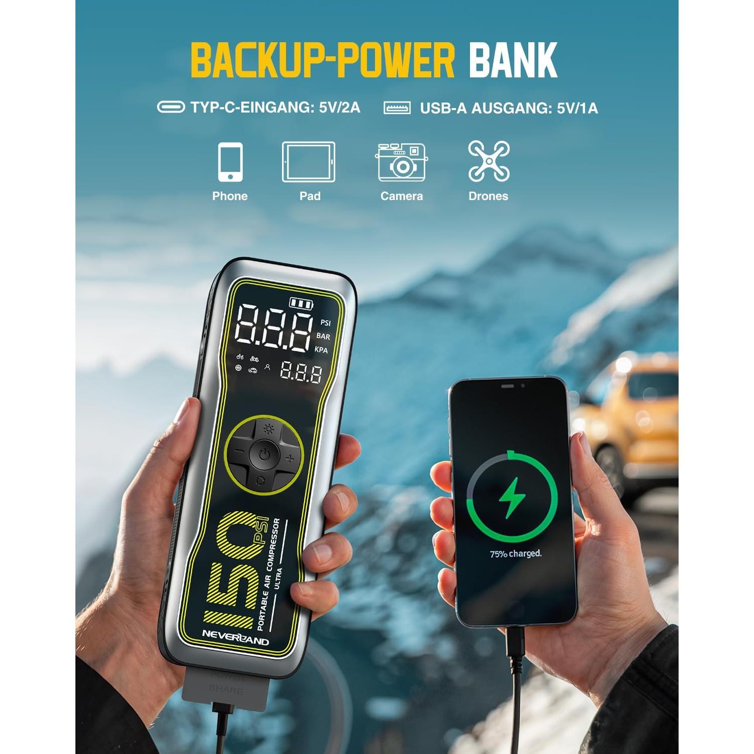 Compresor de Aire Portátil NEVERLAND 12V 16000mAh 150PSI