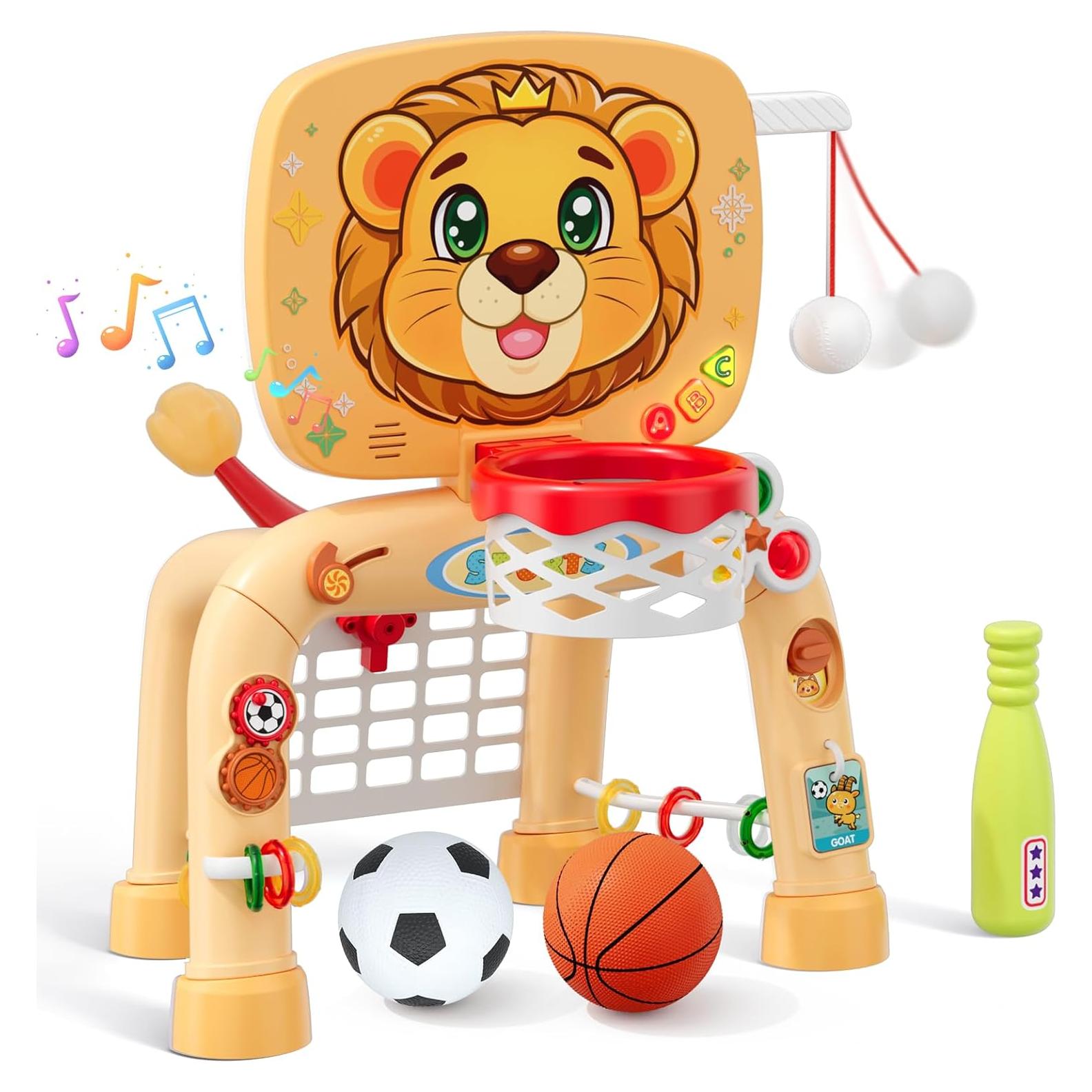 Toddler Basketball Hoop Tball Set & Soccer Goal - Lion Sport Toys for 1 Year Old Boy with Learning Activities (Abacus/Alphabet/Animals Sounds) Christmas Birthday Gifts for Baby Boy Age 1 2 3