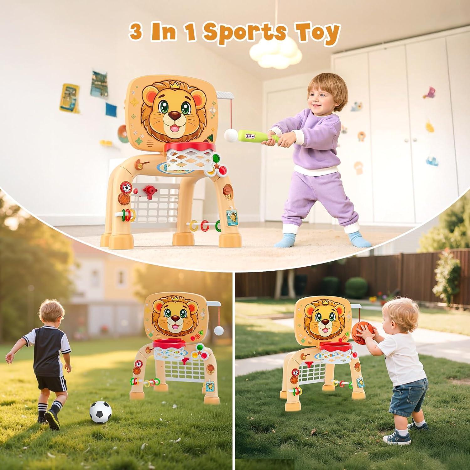 Toddler Basketball Hoop Tball Set & Soccer Goal - Lion Sport Toys for 1 Year Old Boy with Learning Activities (Abacus/Alphabet/Animals Sounds) Christmas Birthday Gifts for Baby Boy Age 1 2 3