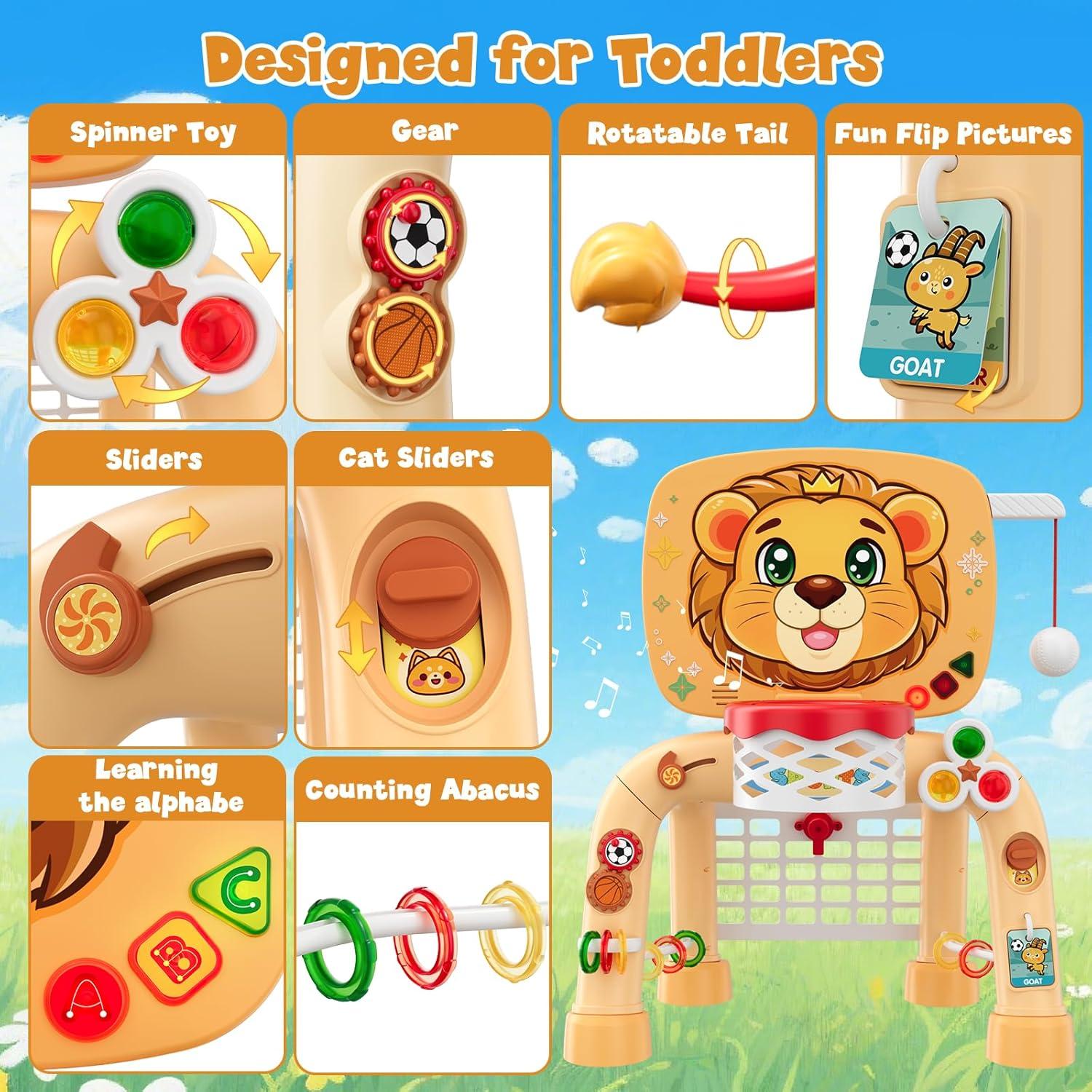 Toddler Basketball Hoop Tball Set & Soccer Goal - Lion Sport Toys for 1 Year Old Boy with Learning Activities (Abacus/Alphabet/Animals Sounds) Christmas Birthday Gifts for Baby Boy Age 1 2 3