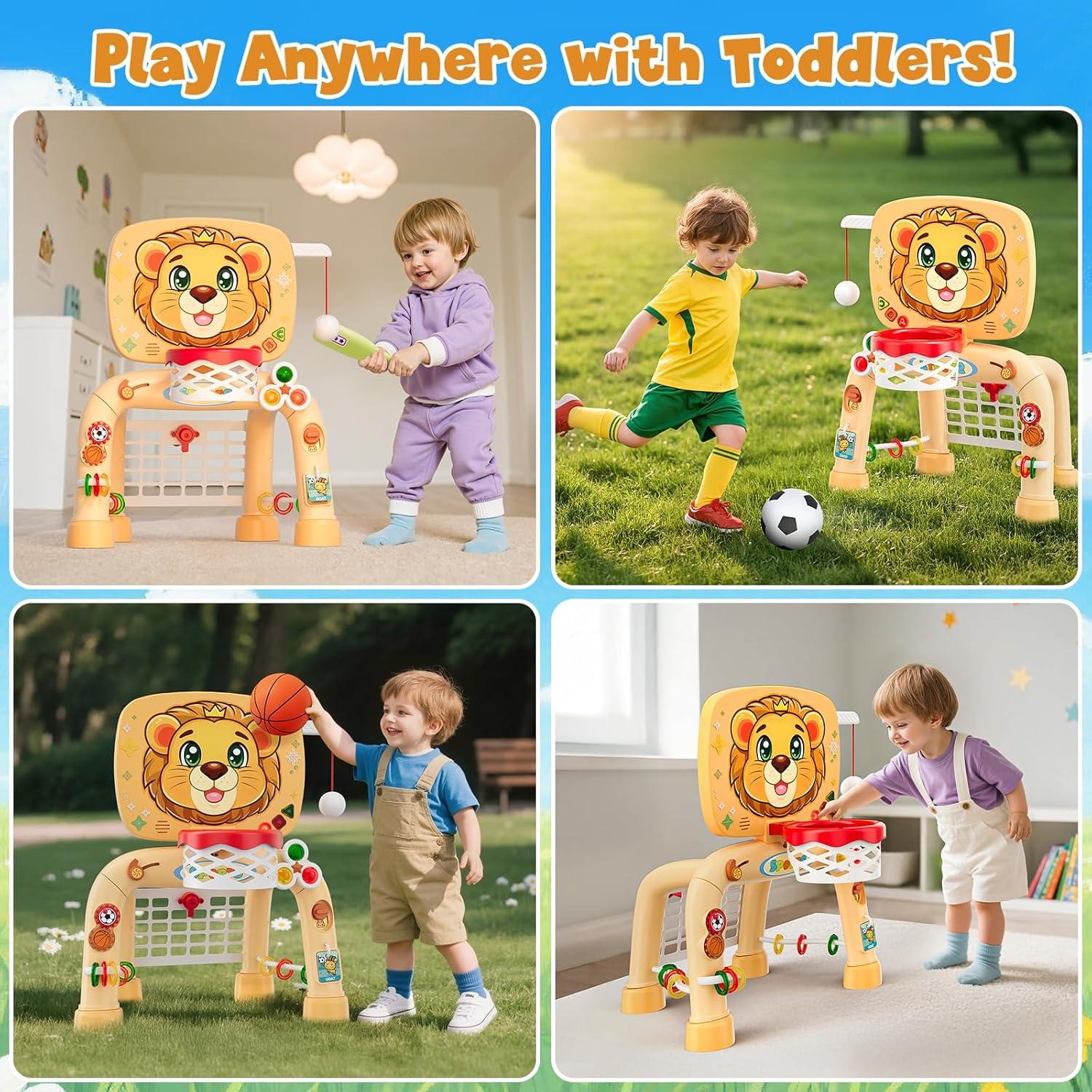 Toddler Basketball Hoop Tball Set & Soccer Goal - Lion Sport Toys for 1 Year Old Boy with Learning Activities (Abacus/Alphabet/Animals Sounds) Christmas Birthday Gifts for Baby Boy Age 1 2 3