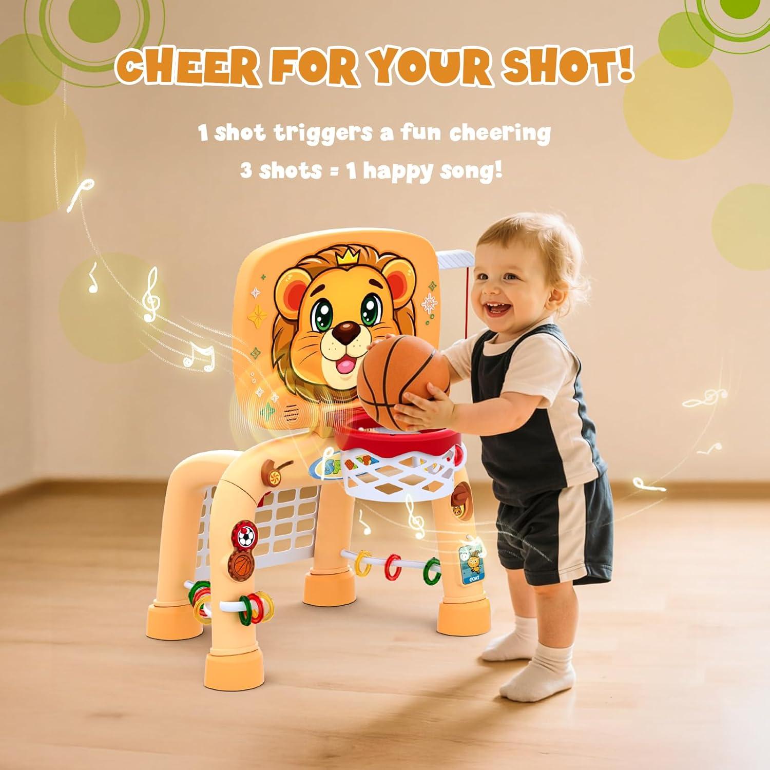 Toddler Basketball Hoop Tball Set & Soccer Goal - Lion Sport Toys for 1 Year Old Boy with Learning Activities (Abacus/Alphabet/Animals Sounds) Christmas Birthday Gifts for Baby Boy Age 1 2 3