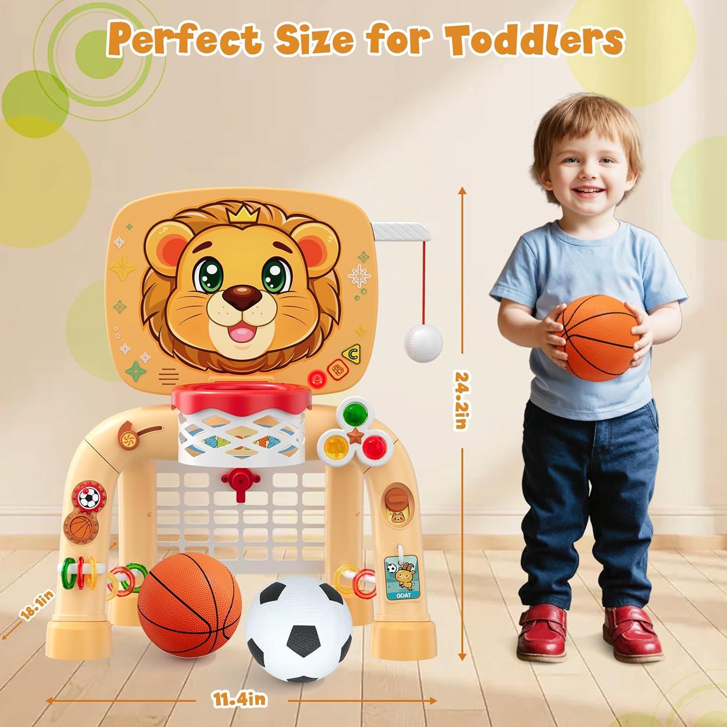 Toddler Basketball Hoop Tball Set & Soccer Goal - Lion Sport Toys for 1 Year Old Boy with Learning Activities (Abacus/Alphabet/Animals Sounds) Christmas Birthday Gifts for Baby Boy Age 1 2 3