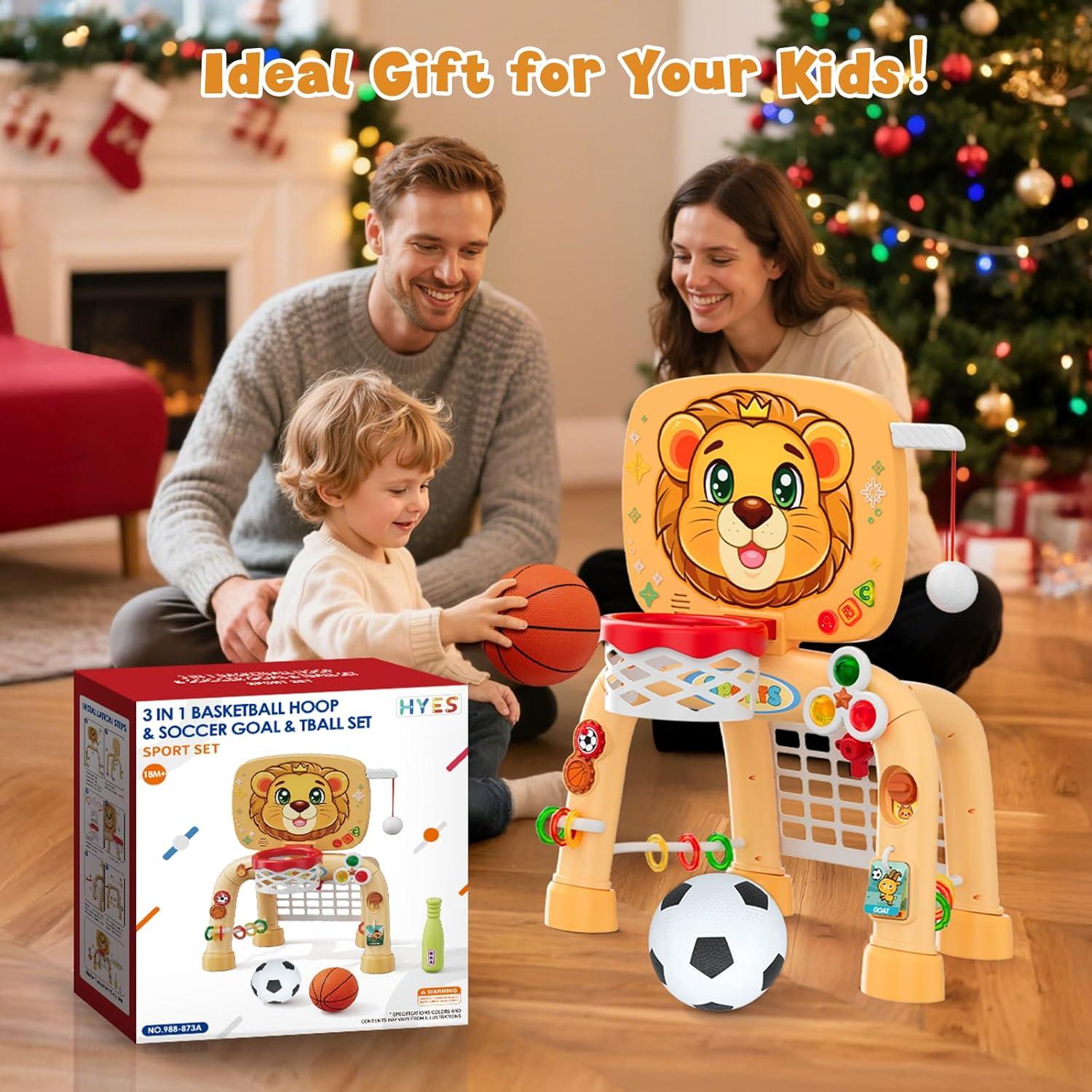 Toddler Basketball Hoop Tball Set & Soccer Goal - Lion Sport Toys for 1 Year Old Boy with Learning Activities (Abacus/Alphabet/Animals Sounds) Christmas Birthday Gifts for Baby Boy Age 1 2 3