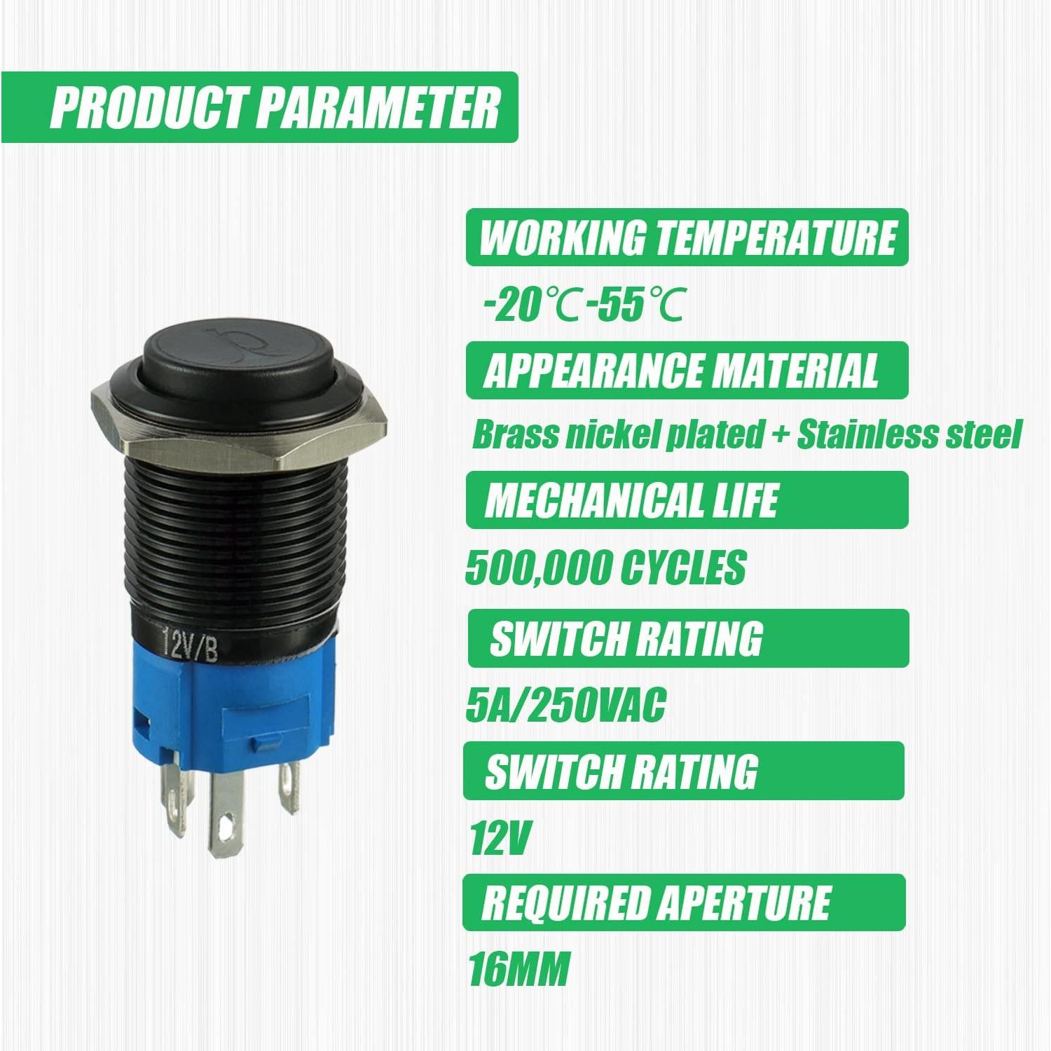 Interruptor de Botón Momentáneo 16MM EPLZON Verde 12V