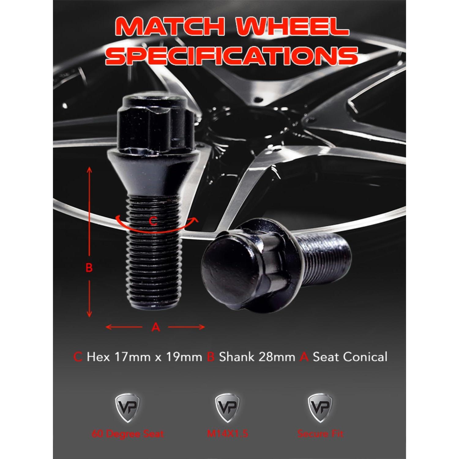 Juego de 4 Bloqueos de Tuerca de Rueda Veritek 14x1.5mm Negros