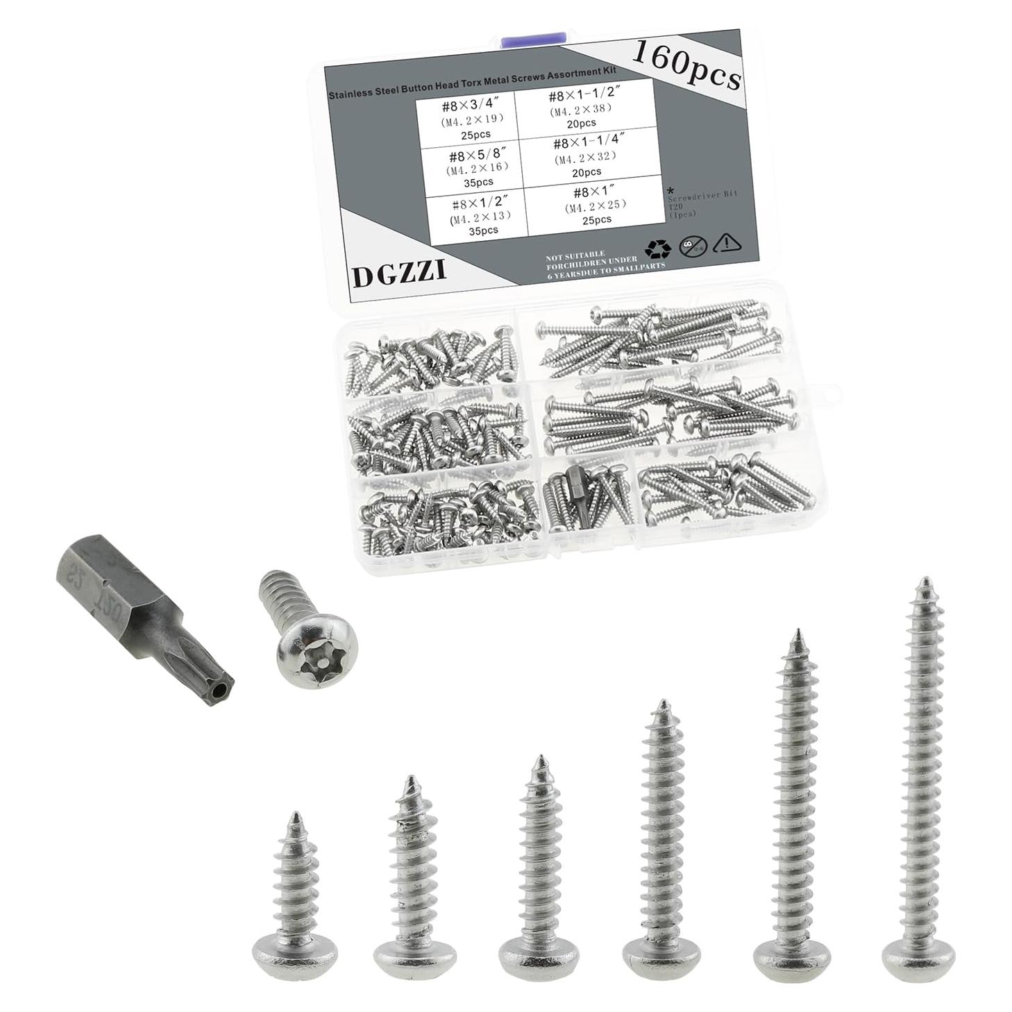 Tornillos de Seguridad DGZZI 160 Piezas Acero Inoxidable #8