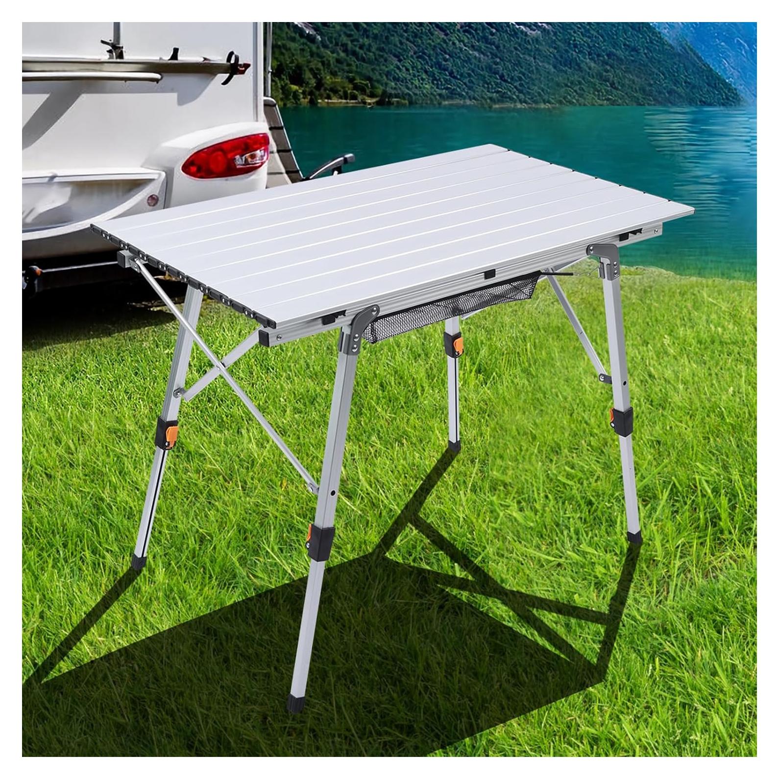 Folding Outdoor Camping Table with Adjustable Legs, Lightweight Aluminum Roll Up Camp Table with Carrying Bag, Mesh Storage Organizer, for Cooking, Picnic, Beach, Backyards, BBQ, Party