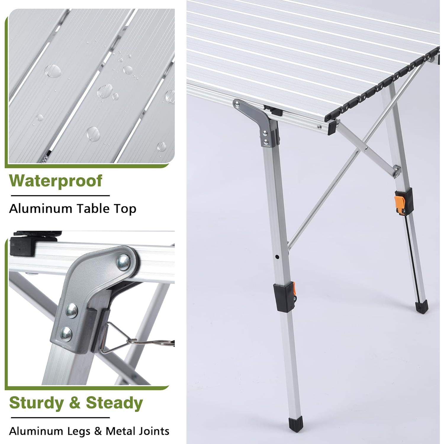 Folding Outdoor Camping Table with Adjustable Legs, Lightweight Aluminum Roll Up Camp Table with Carrying Bag, Mesh Storage Organizer, for Cooking, Picnic, Beach, Backyards, BBQ, Party