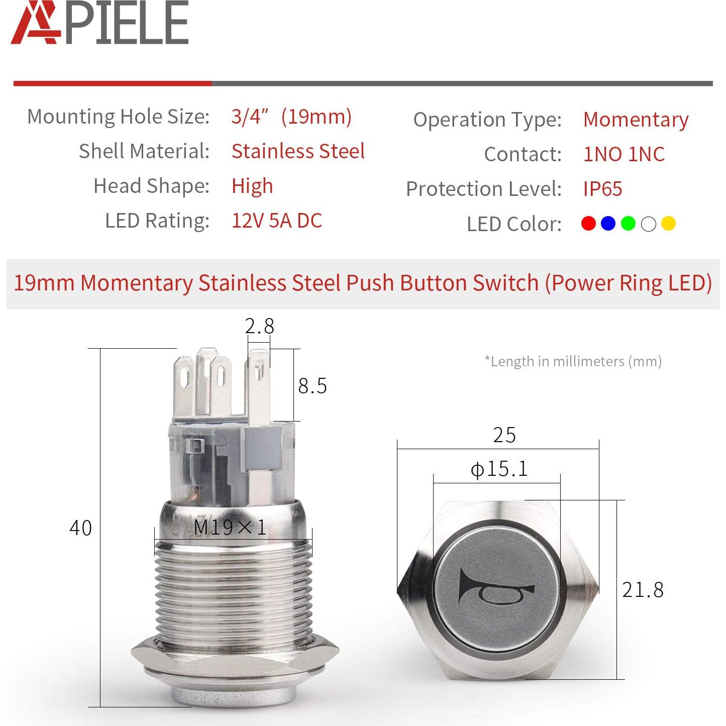 Interruptor Momentáneo APIELE 19mm 12V con Zumbador IP65