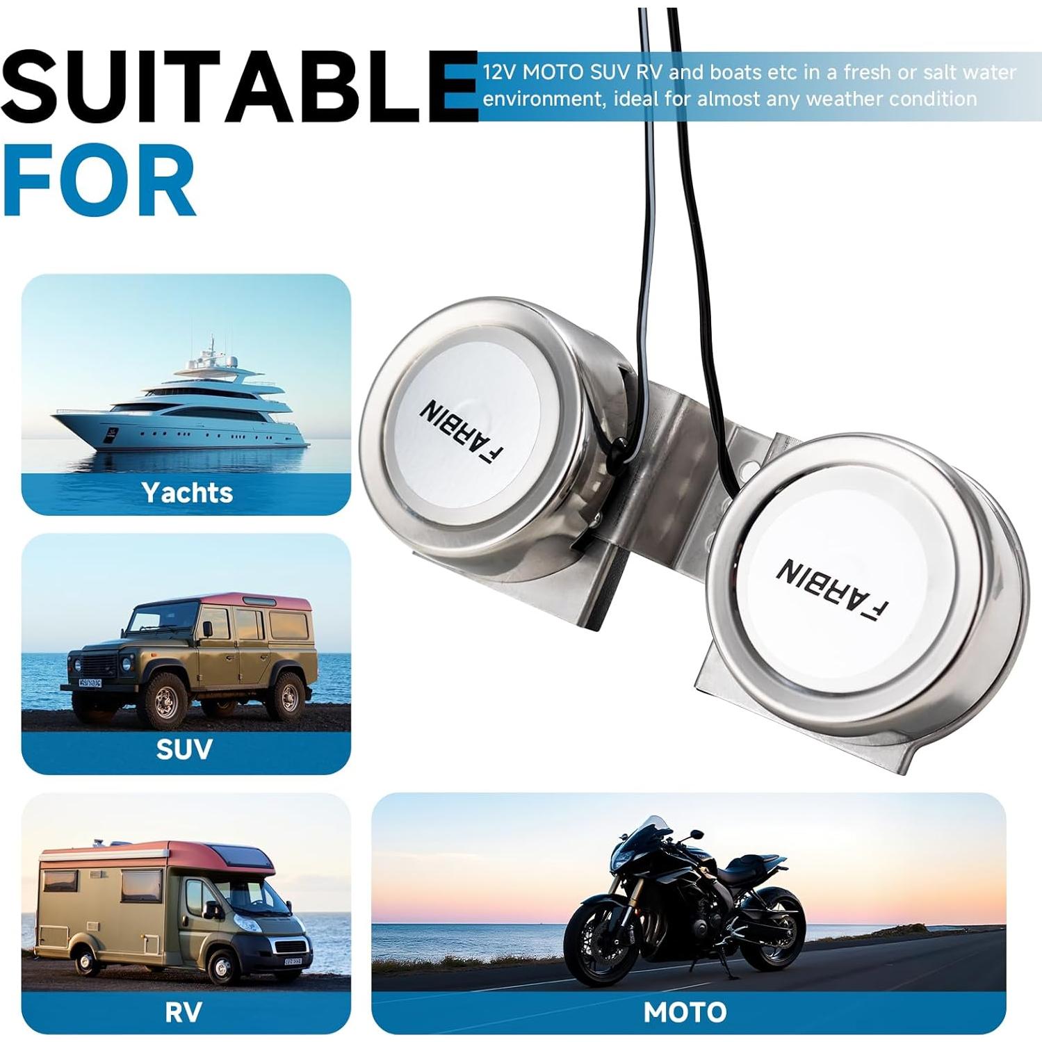 Bocinas Impermeables FARBIN de Acero Inoxidable 12V 130dB