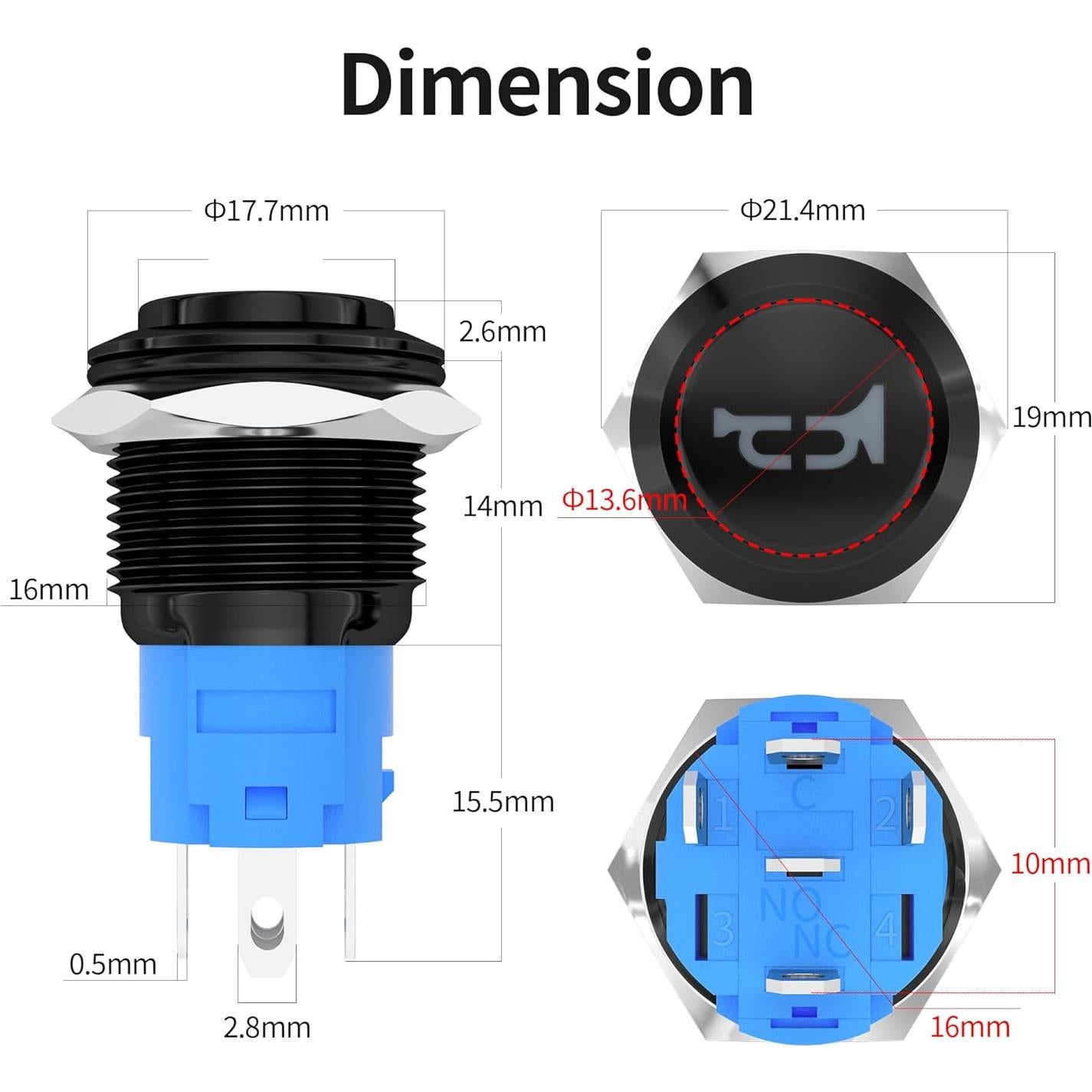 Interruptor de Claxon Marino DaierTek 12V 16mm con Luz LED Roja