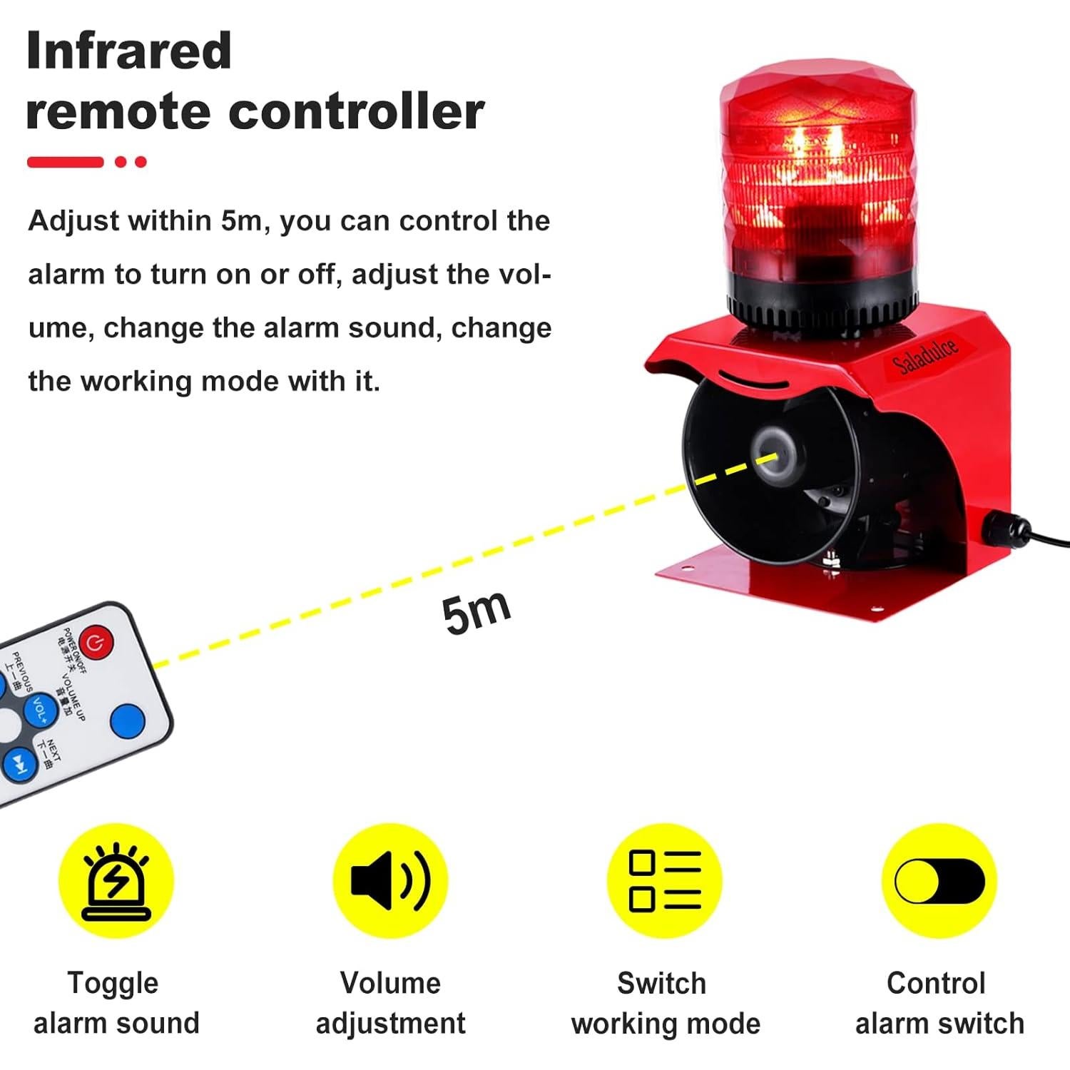 Alarma de Sirena Industrial Saladulce 120dB con Control Remoto