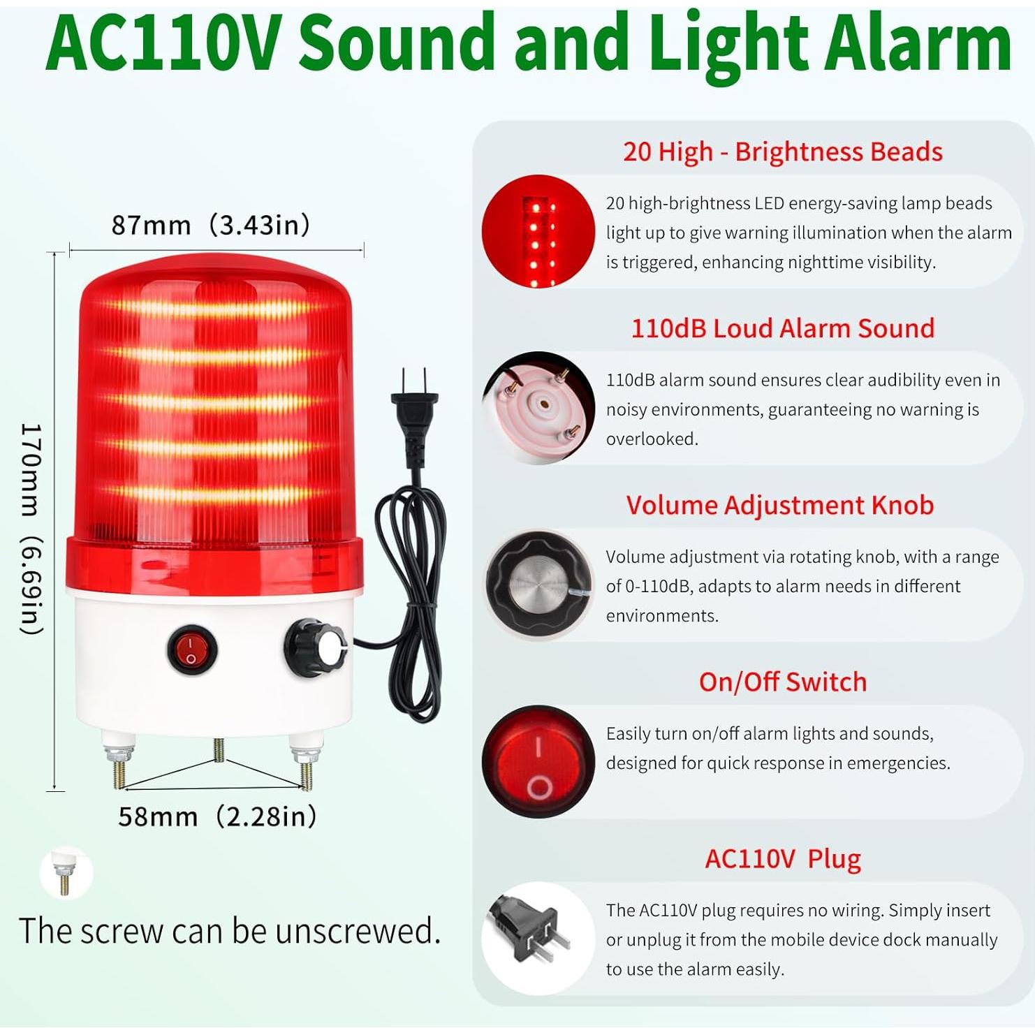 Luz Estroboscópica LED Industrial kbaoele AC110V 110dB