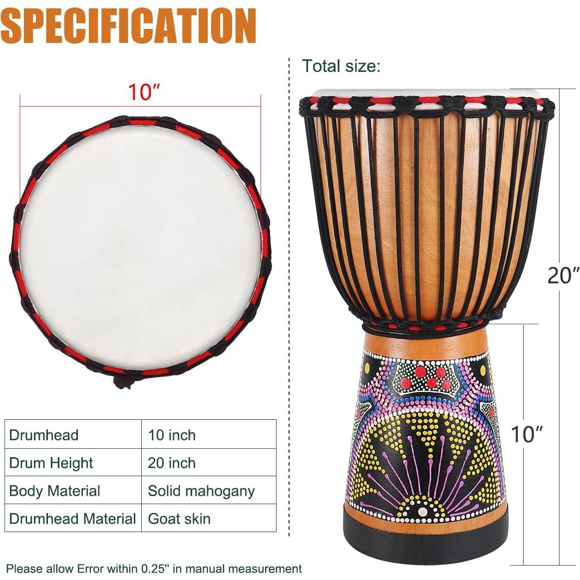 Tambor Djembe Africano Lotmusic 10" Piel de Cabra Caoba