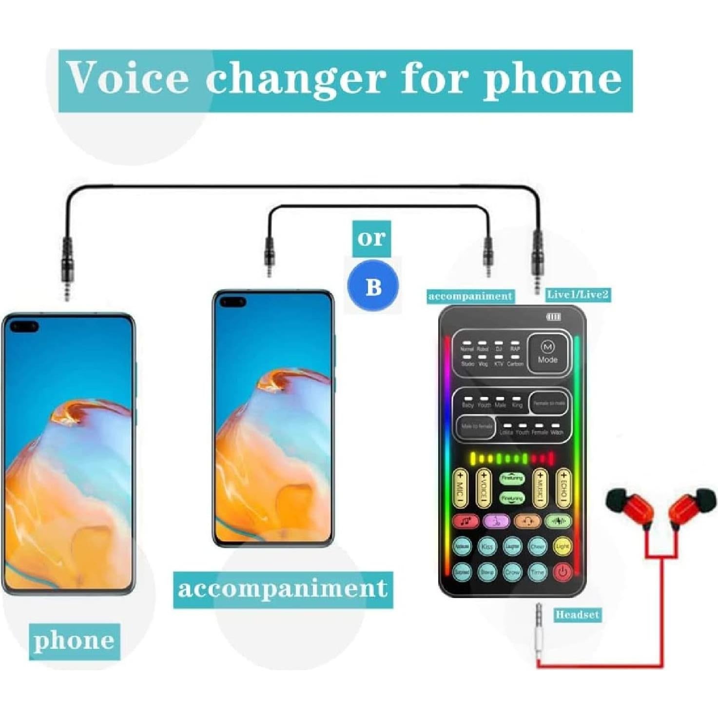 Cambiador de Voz Portátil Brrnoo, 8 Modos, Efectos LED