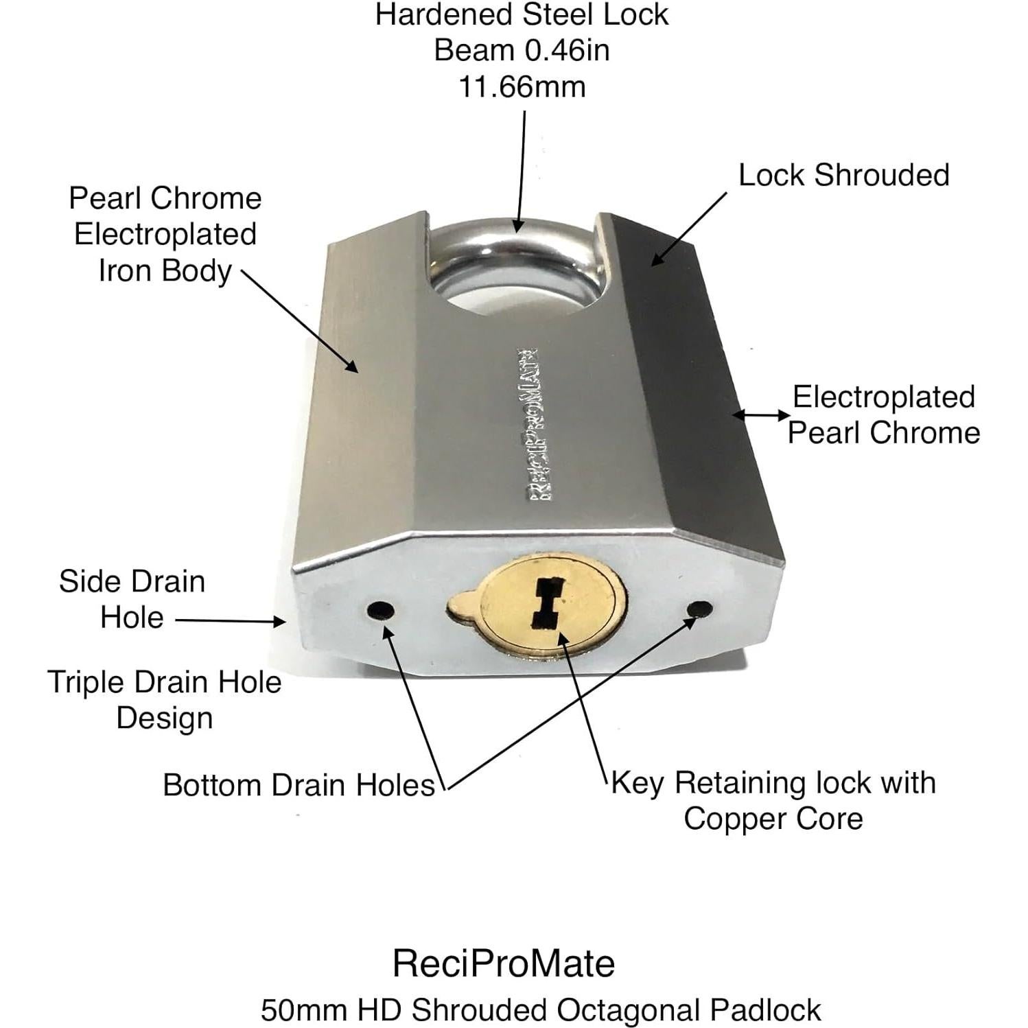 Candado de Alta Seguridad ReciProMate 50mm con Llave y Cubierta Resistente