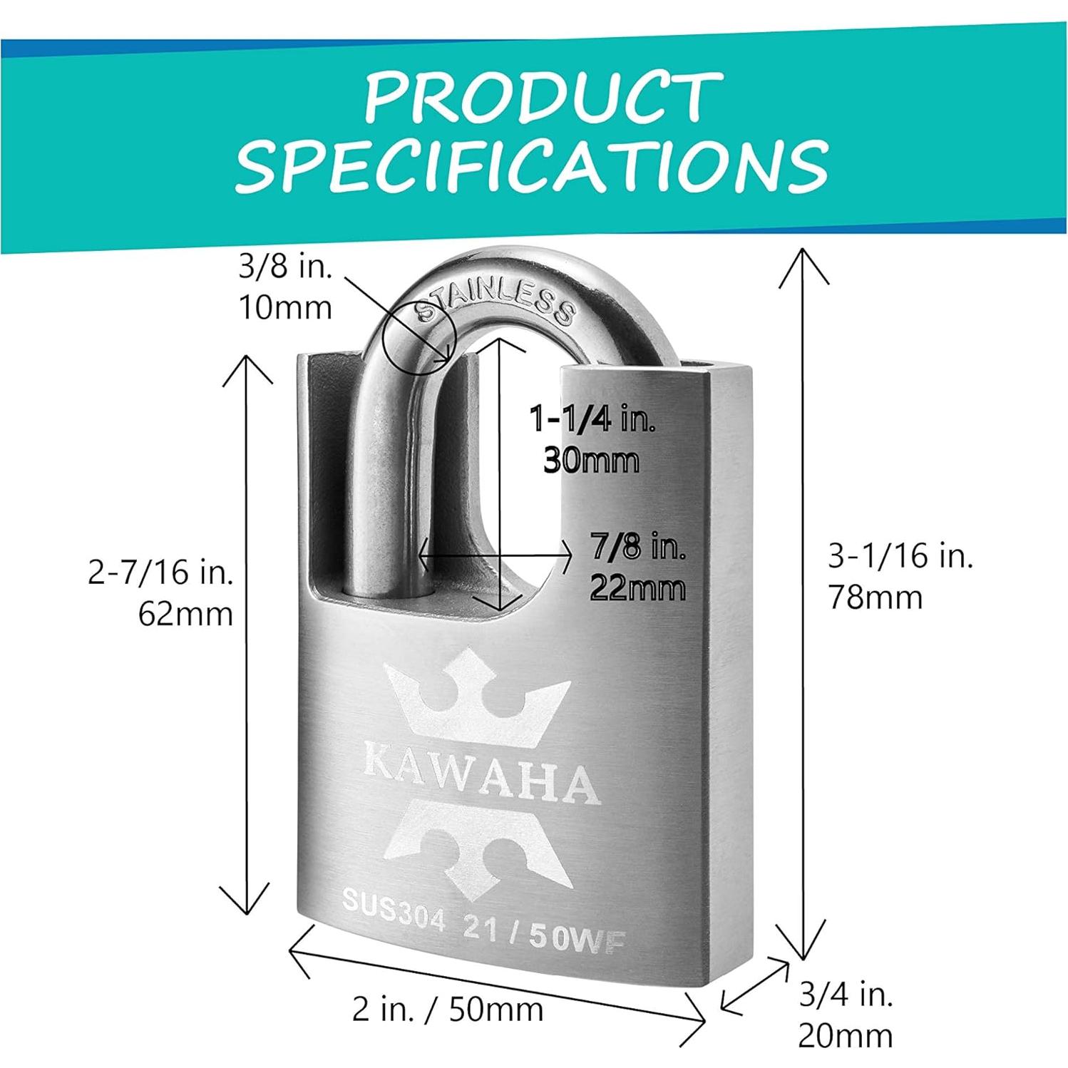 Candado de Alta Seguridad KAWAHA 50mm Acero Inoxidable - 4 Piezas