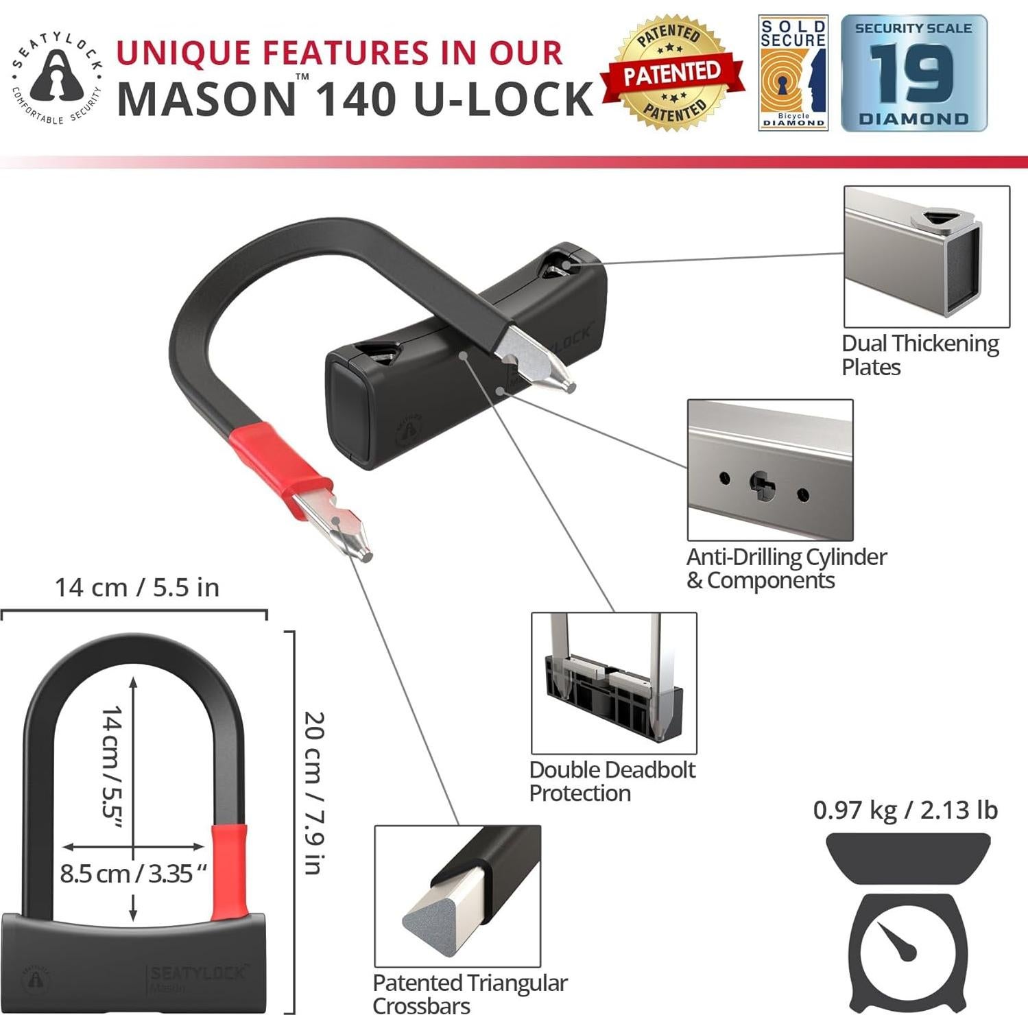 Cerradura U Seatylock UM140-ON Diamante Negro 14 cm Alta Seguridad