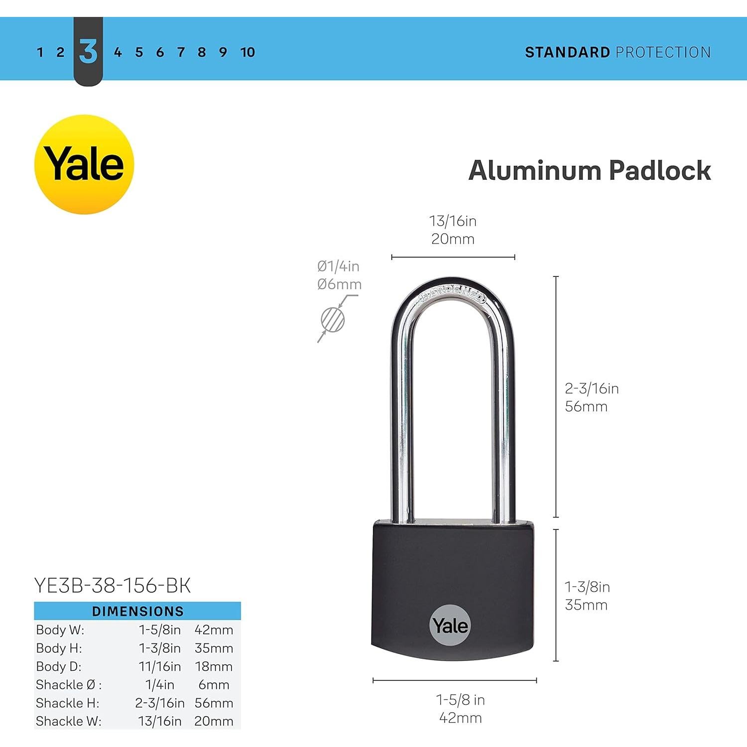 Candado Yale de Aluminio 42mm con Grillete 56mm y 3 Llaves