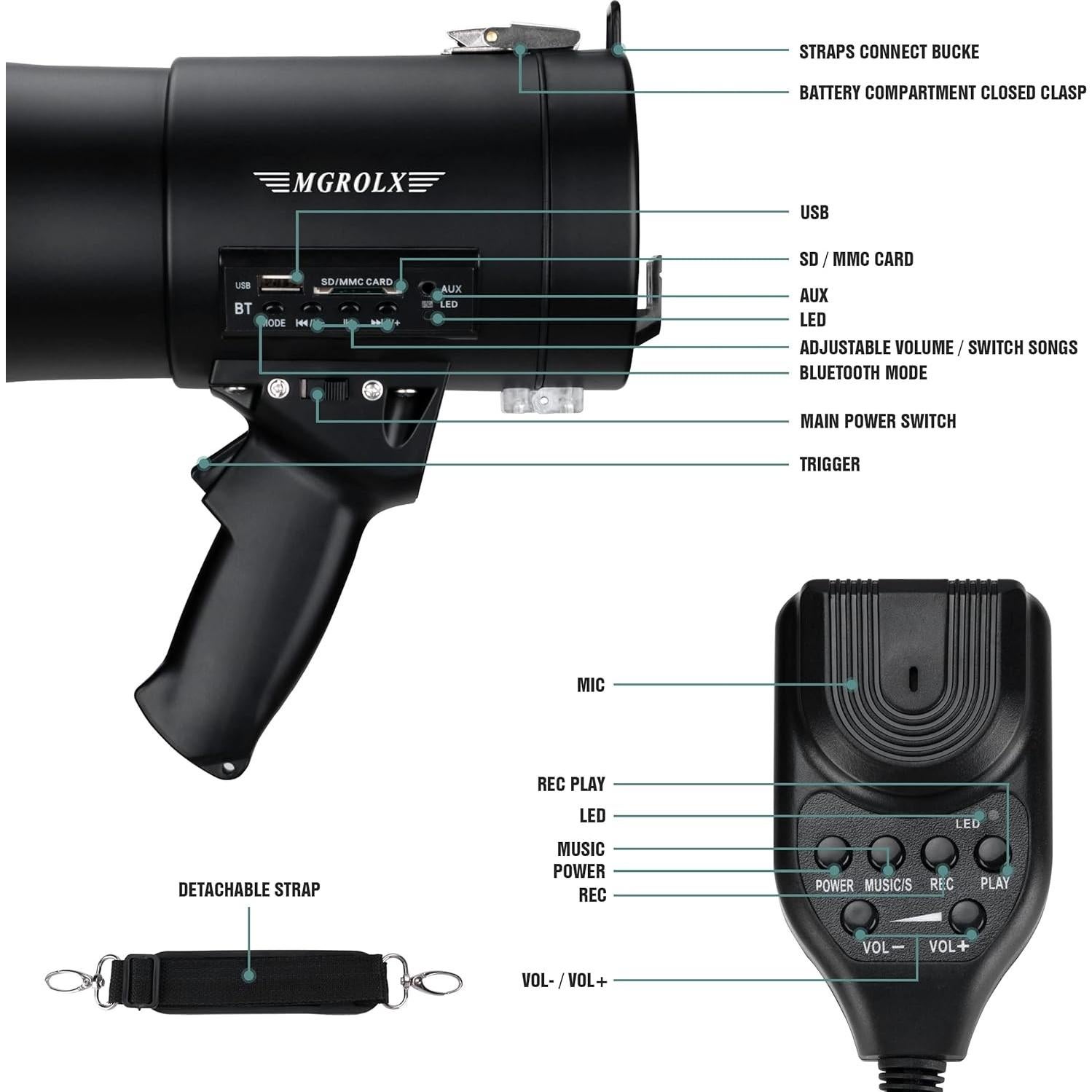 Megáfono Bluetooth MGROLX 50W con Batería Recargable y Sirena