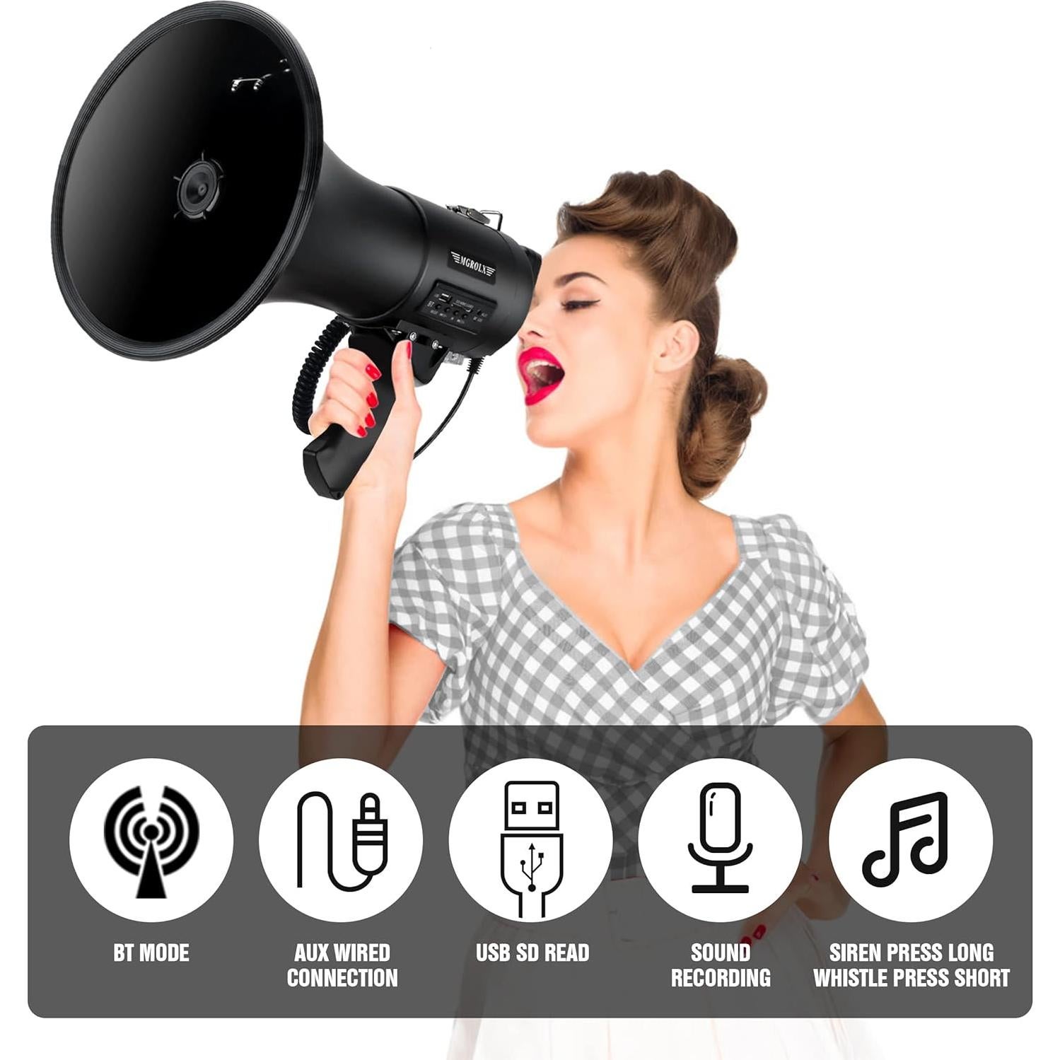 Megáfono Bluetooth MGROLX 50W con Batería Recargable y Sirena