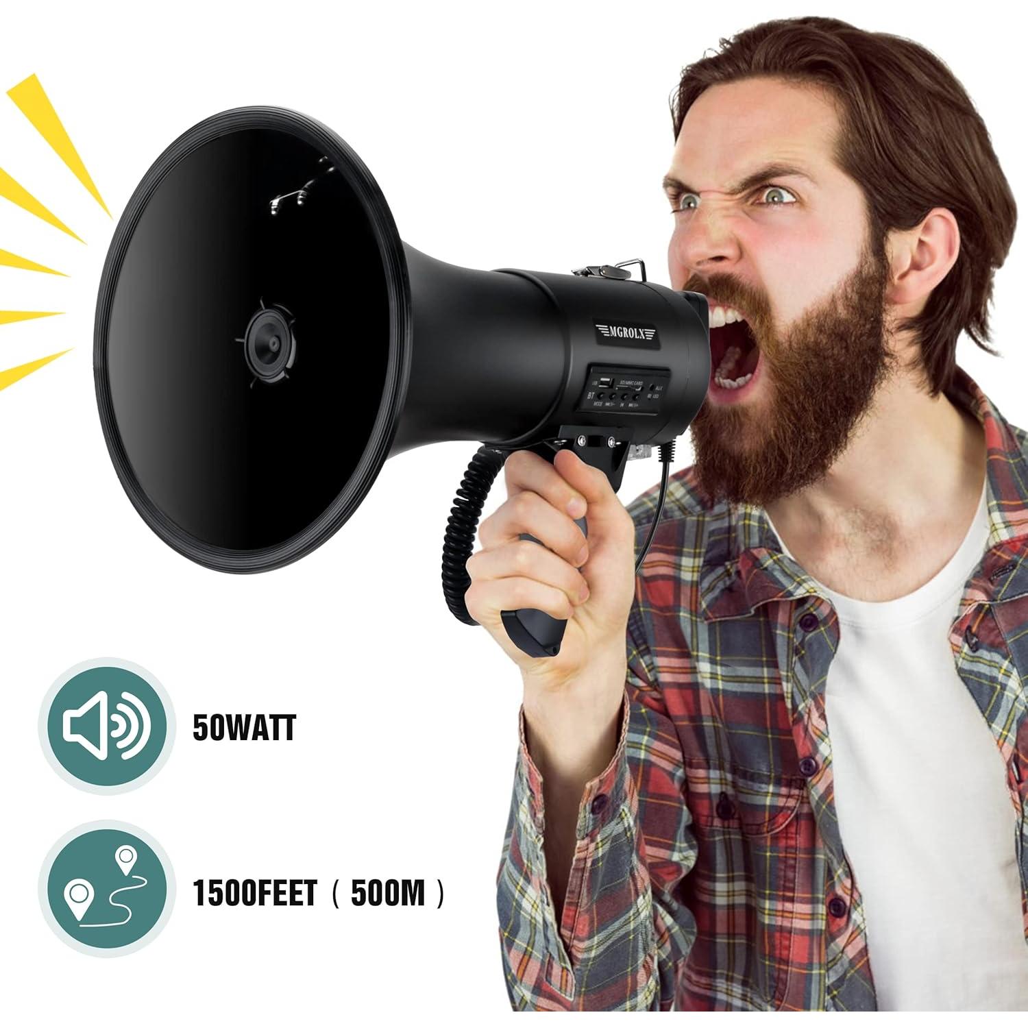 Megáfono Bluetooth MGROLX 50W con Batería Recargable y Sirena