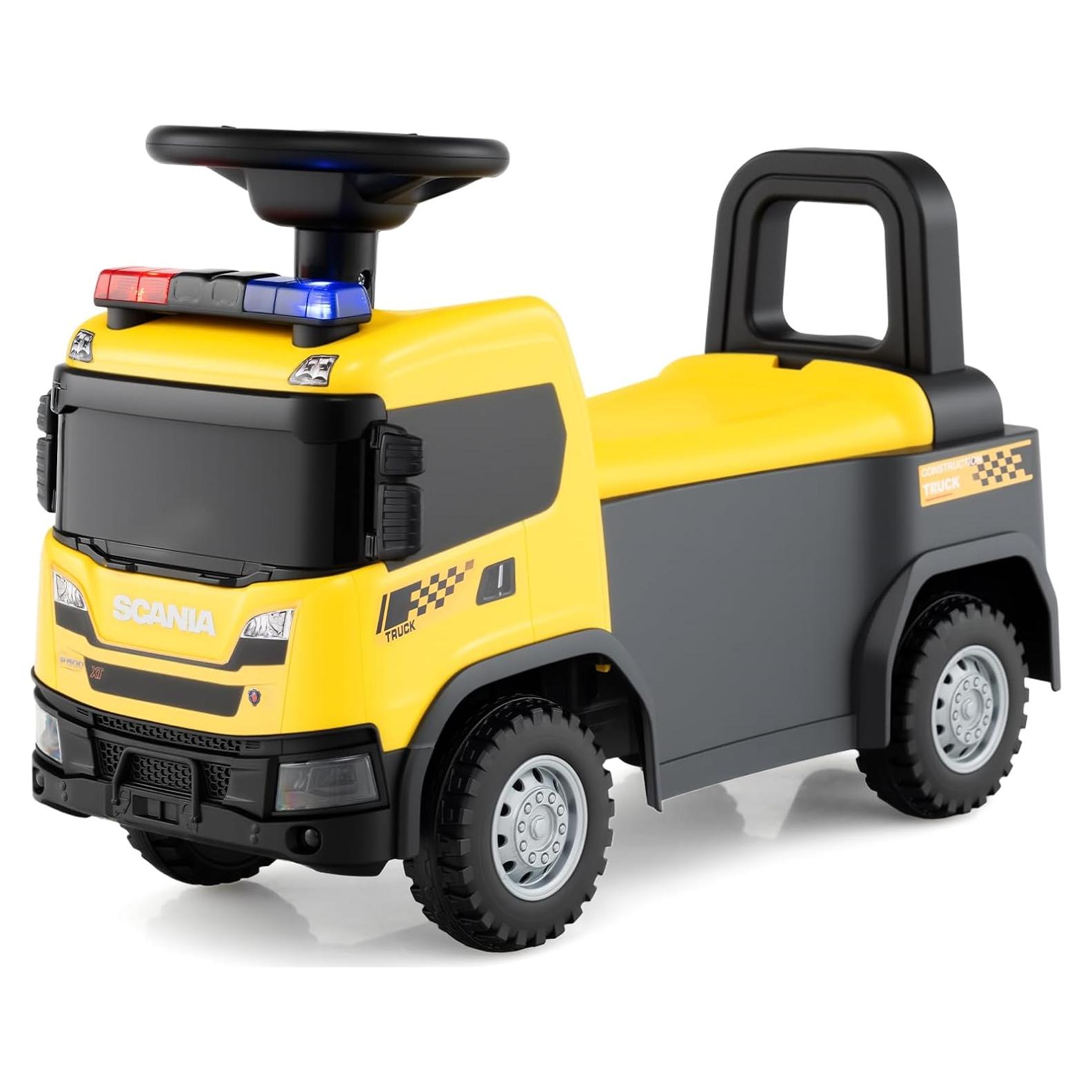 Licensed Scania Ride on Push Car by OLAKIDS, Toddler Sliding Walker with Siren Start-up Sound Under Seat Storage, Kids Foot-to-Floor Toys with Horn Lights Music for Boys Girls (Yellow)