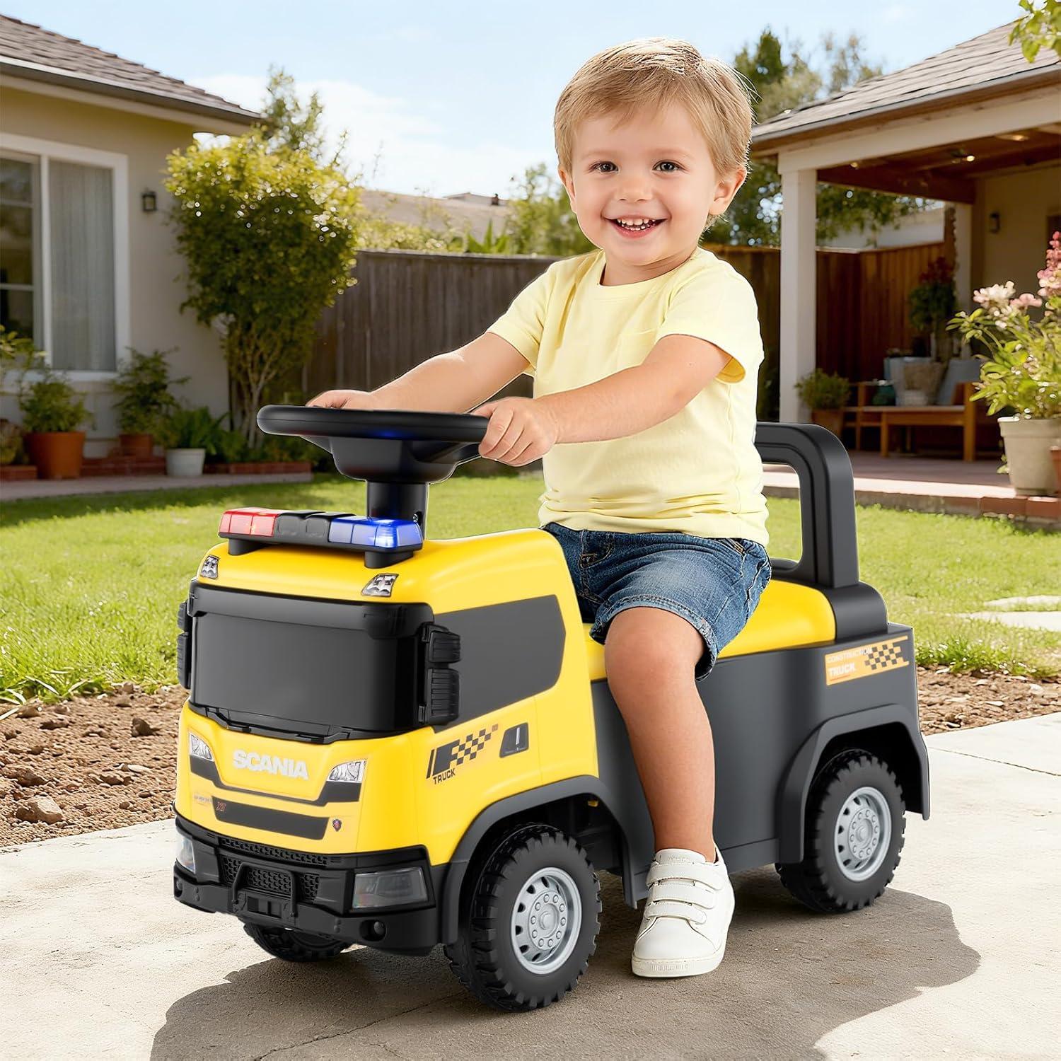 Licensed Scania Ride on Push Car by OLAKIDS, Toddler Sliding Walker with Siren Start-up Sound Under Seat Storage, Kids Foot-to-Floor Toys with Horn Lights Music for Boys Girls (Yellow)