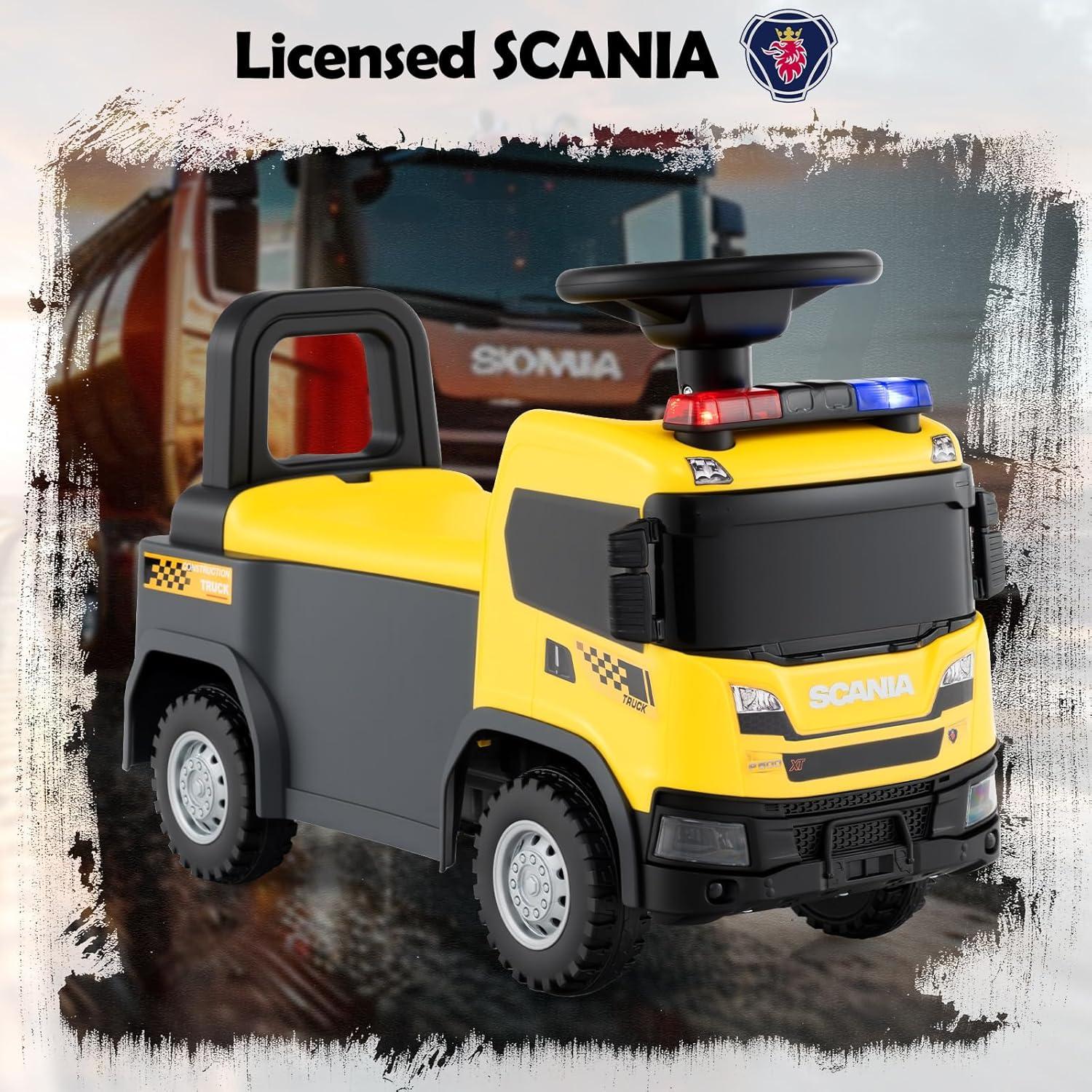 Licensed Scania Ride on Push Car by OLAKIDS, Toddler Sliding Walker with Siren Start-up Sound Under Seat Storage, Kids Foot-to-Floor Toys with Horn Lights Music for Boys Girls (Yellow)