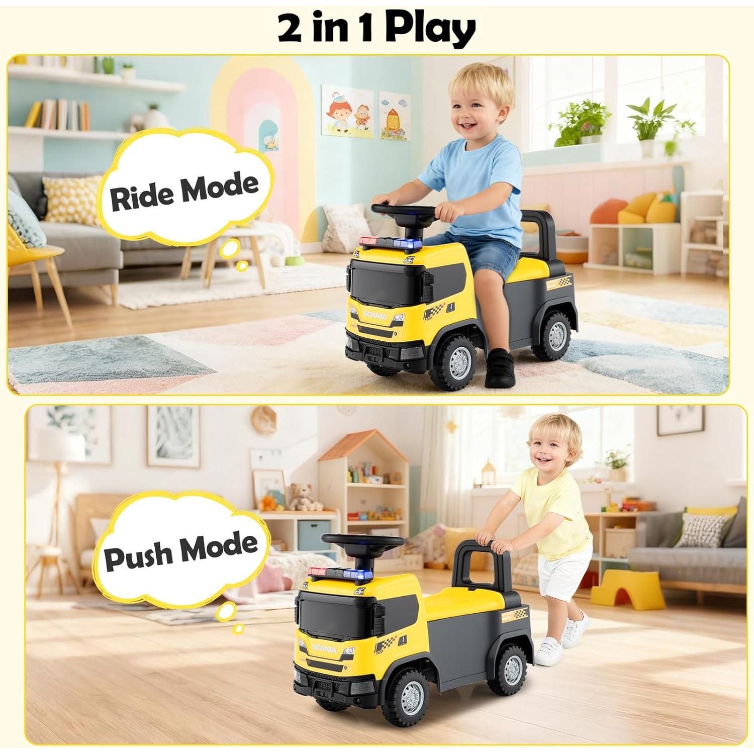 Licensed Scania Ride on Push Car by OLAKIDS, Toddler Sliding Walker with Siren Start-up Sound Under Seat Storage, Kids Foot-to-Floor Toys with Horn Lights Music for Boys Girls (Yellow)