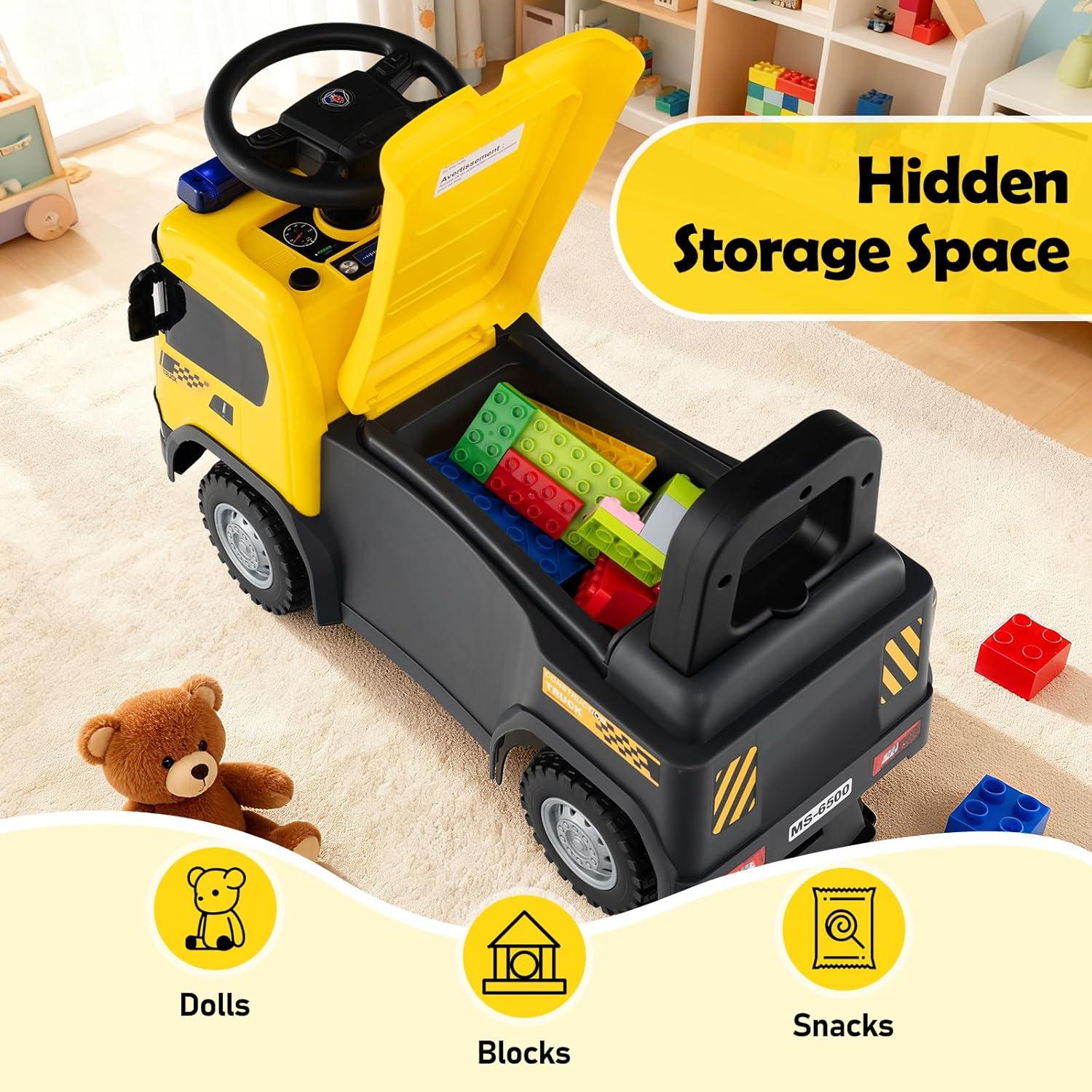 Licensed Scania Ride on Push Car by OLAKIDS, Toddler Sliding Walker with Siren Start-up Sound Under Seat Storage, Kids Foot-to-Floor Toys with Horn Lights Music for Boys Girls (Yellow)