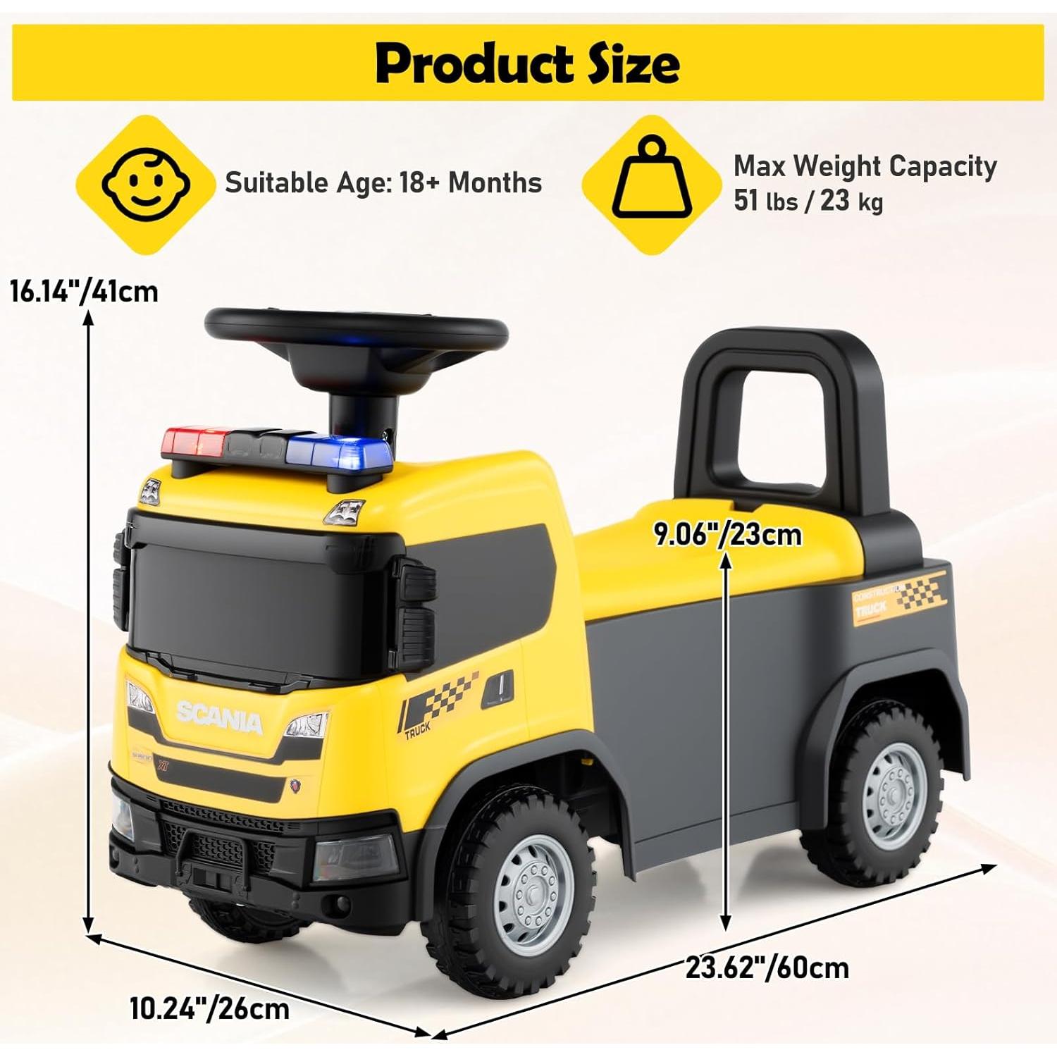 Licensed Scania Ride on Push Car by OLAKIDS, Toddler Sliding Walker with Siren Start-up Sound Under Seat Storage, Kids Foot-to-Floor Toys with Horn Lights Music for Boys Girls (Yellow)