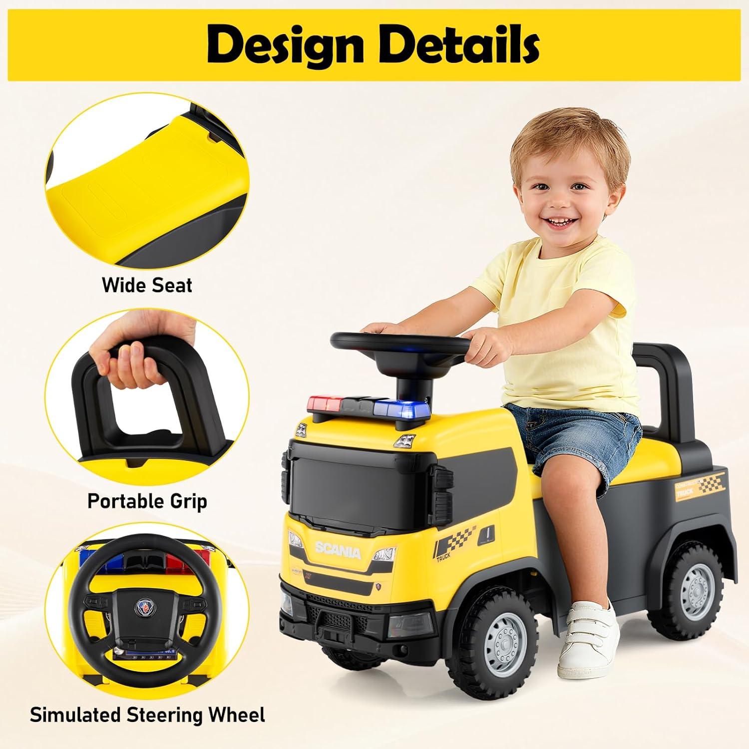 Licensed Scania Ride on Push Car by OLAKIDS, Toddler Sliding Walker with Siren Start-up Sound Under Seat Storage, Kids Foot-to-Floor Toys with Horn Lights Music for Boys Girls (Yellow)