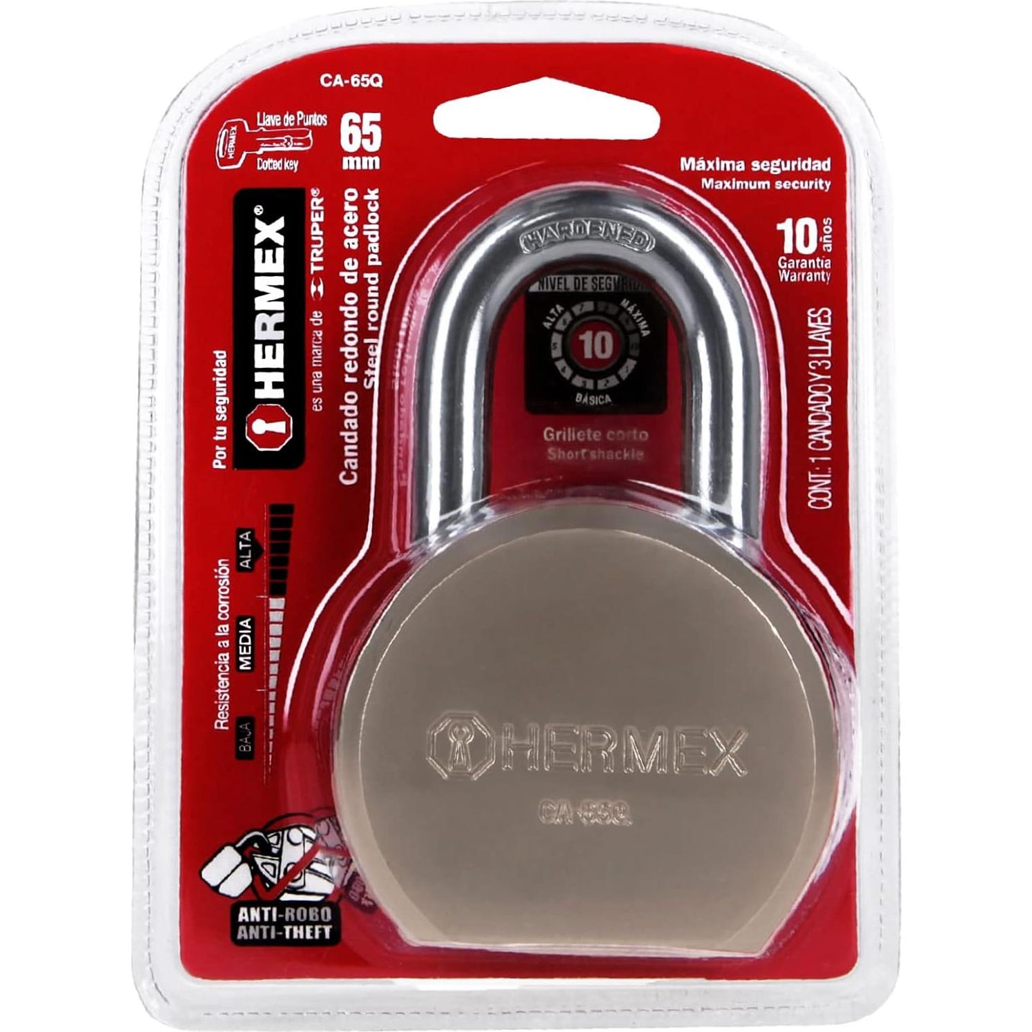 Candado Hermex CA-65Q 65mm Redondo Gancho Corto Seguridad 10