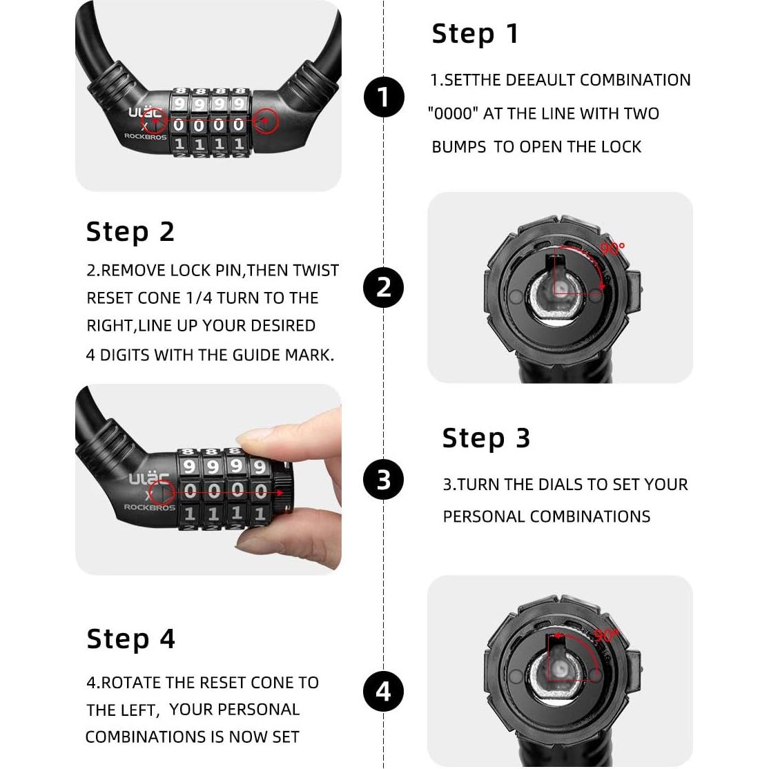 Candado de Bicicleta ROCKBROS 12mm Combinación Reestablecible Negro