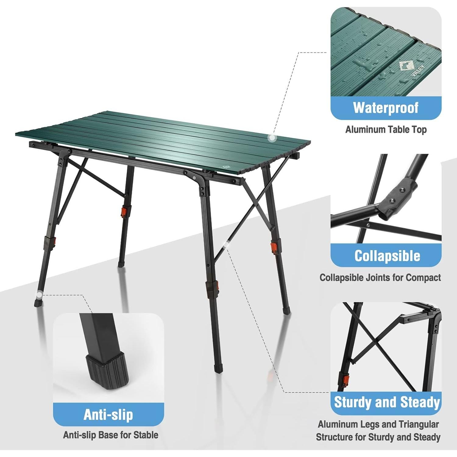 Mesa de Camping VILLEY Plegable de Aluminio Verde 6 Personas