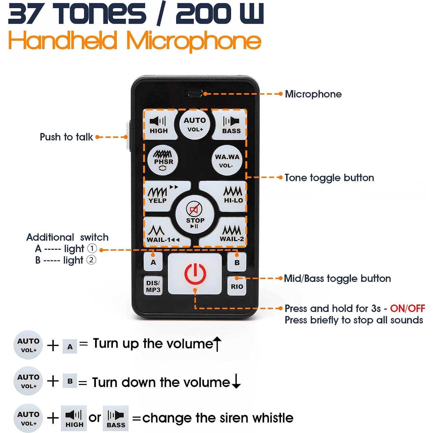 Sistema de Sirena PA BooYu 12V 400W 37 Tonos para Vehículos