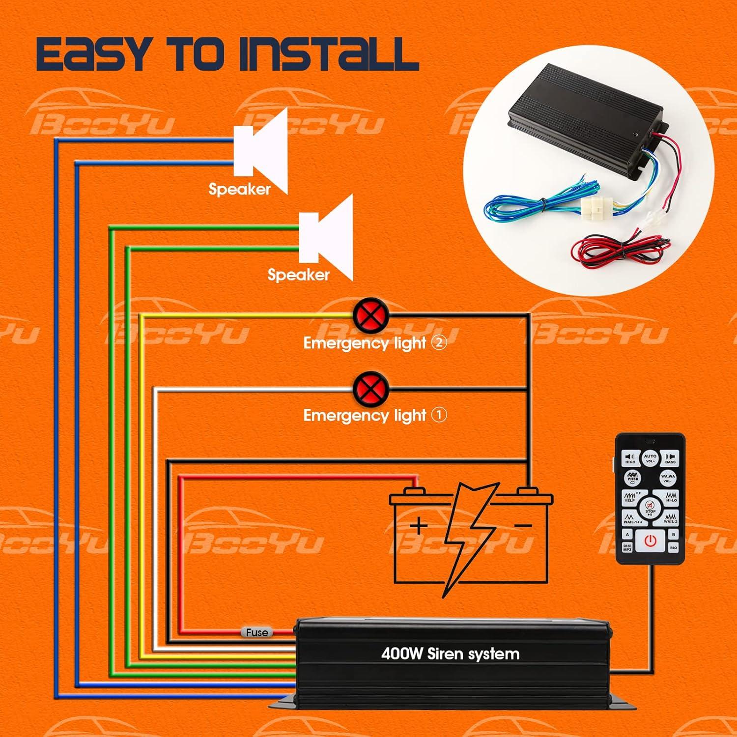 Sistema de Sirena PA BooYu 12V 400W 37 Tonos para Vehículos
