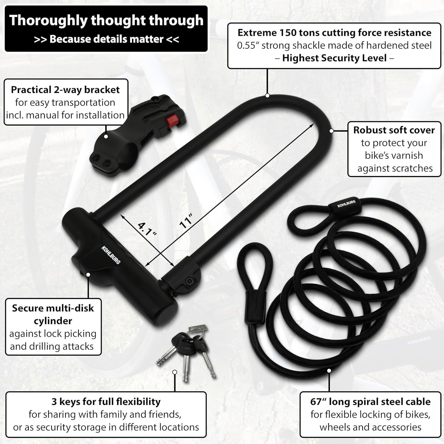 Candado U KOHLBURG 34.3 cm Seguridad 15/15 con Cable 1.7 m