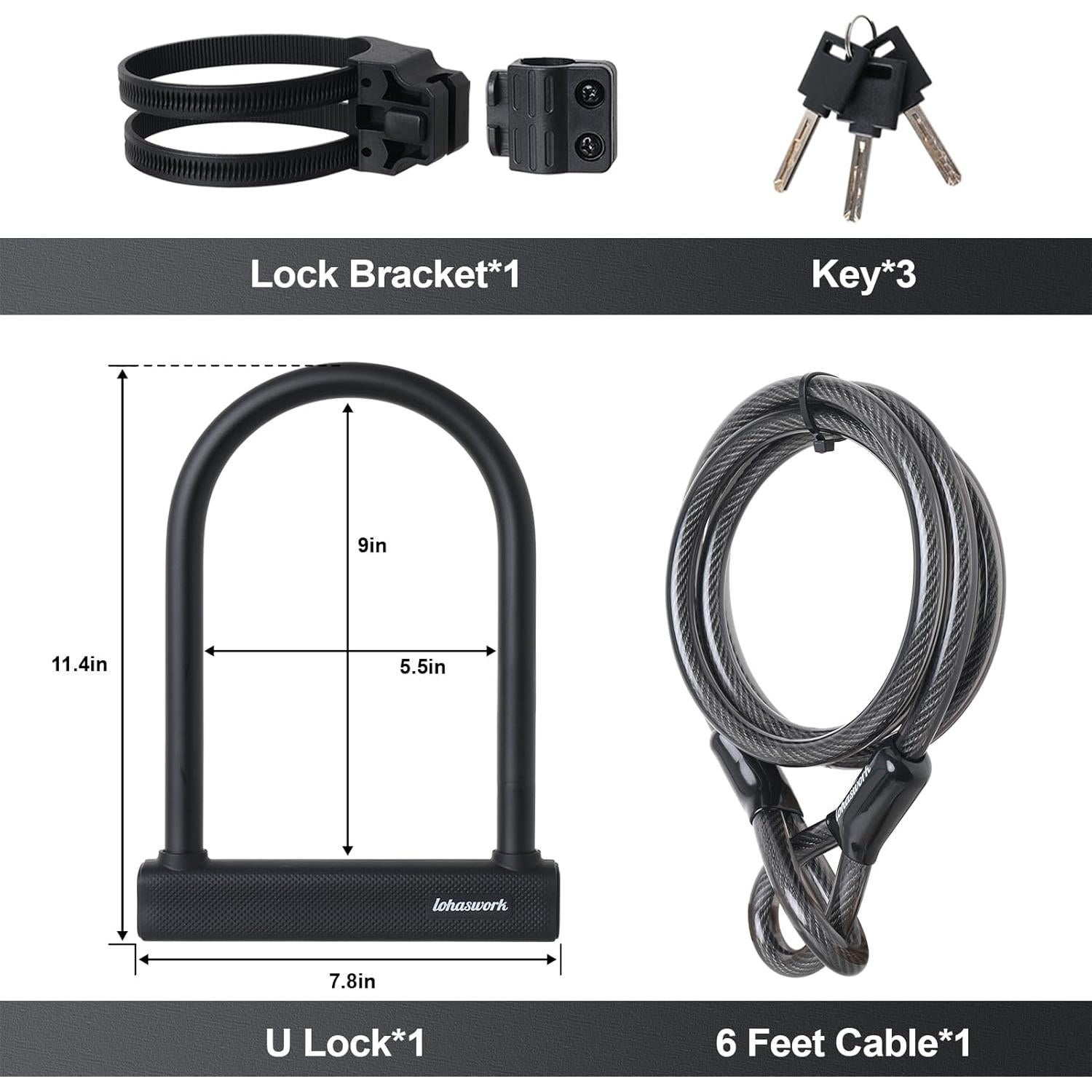 Candado U Antirrobo LOHASWORK con Cable de Seguridad 1.83m
