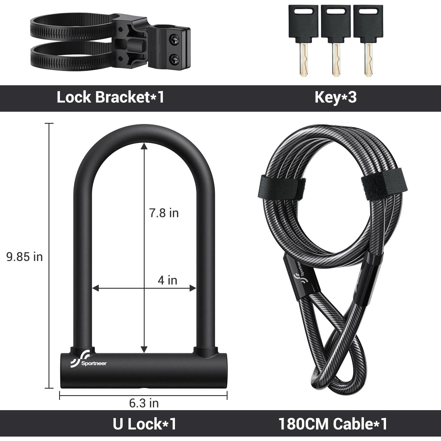 Candado U Sportneer para Bicicleta con Cable de 1.8m - 18mm