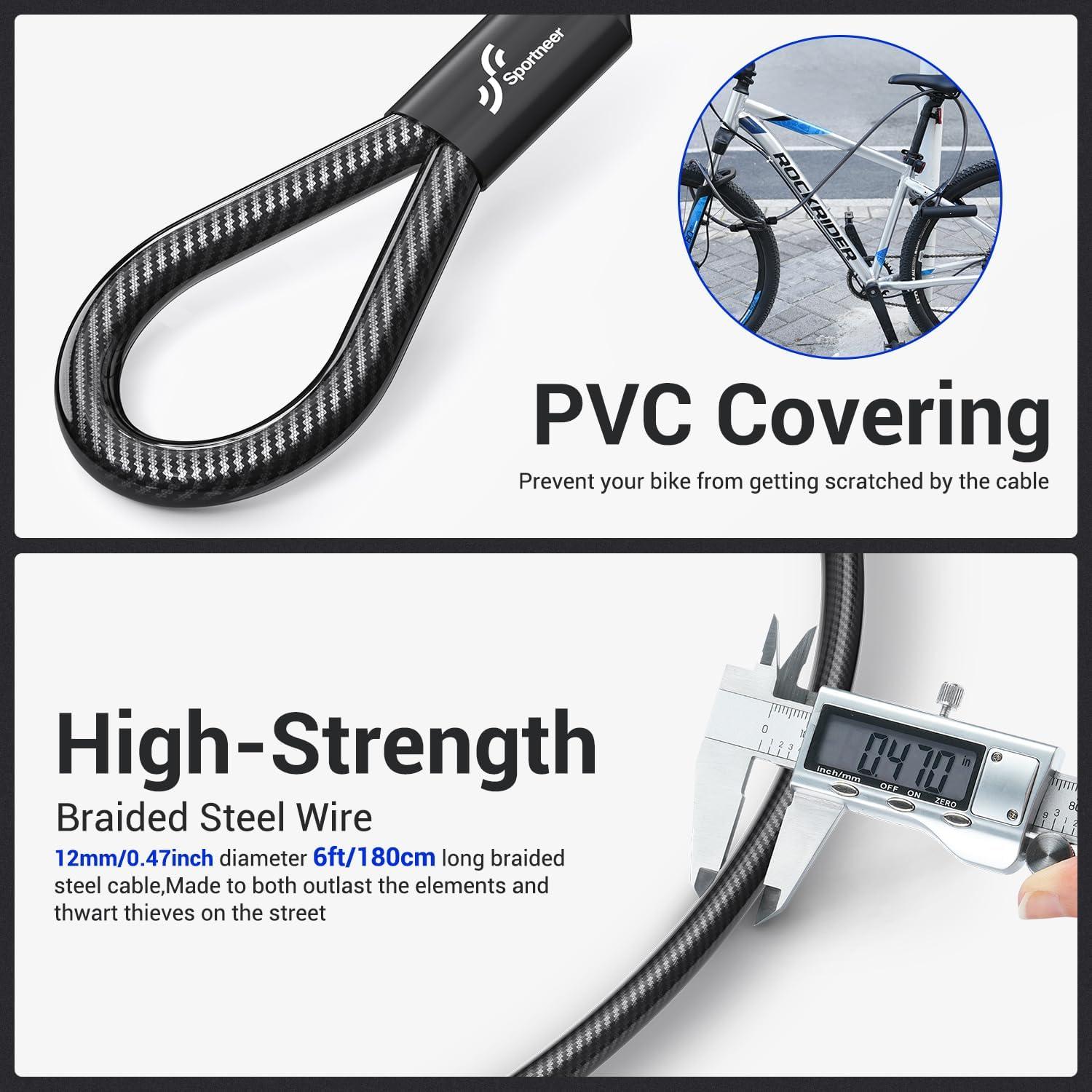 Candado U Sportneer para Bicicleta con Cable de 1.8m - 18mm