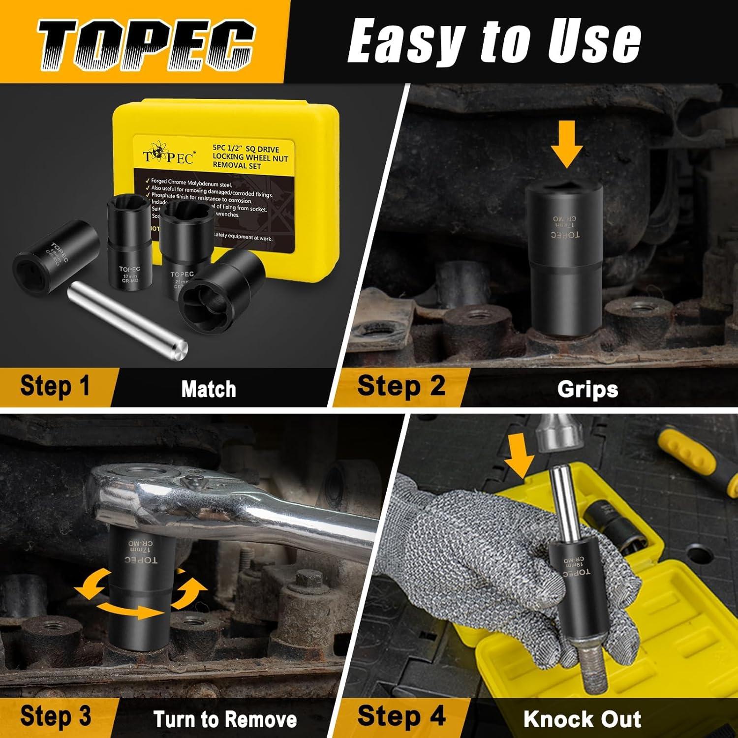 Kit de Extracción de Tuercas Topec 6PCS 17-22mm Acero