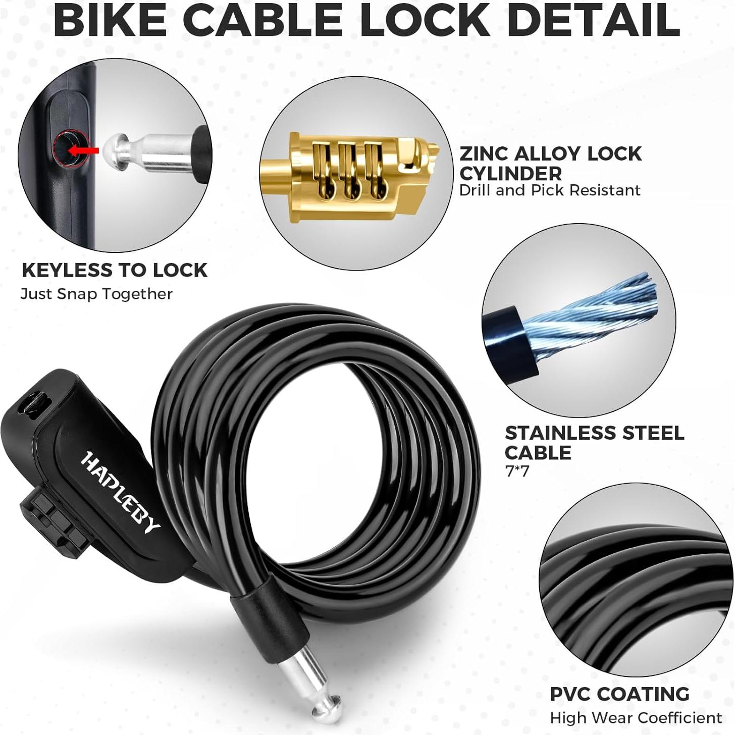 Candado de Cable Antirrobo Hapleby 1.2m con Soporte y 2 Llaves