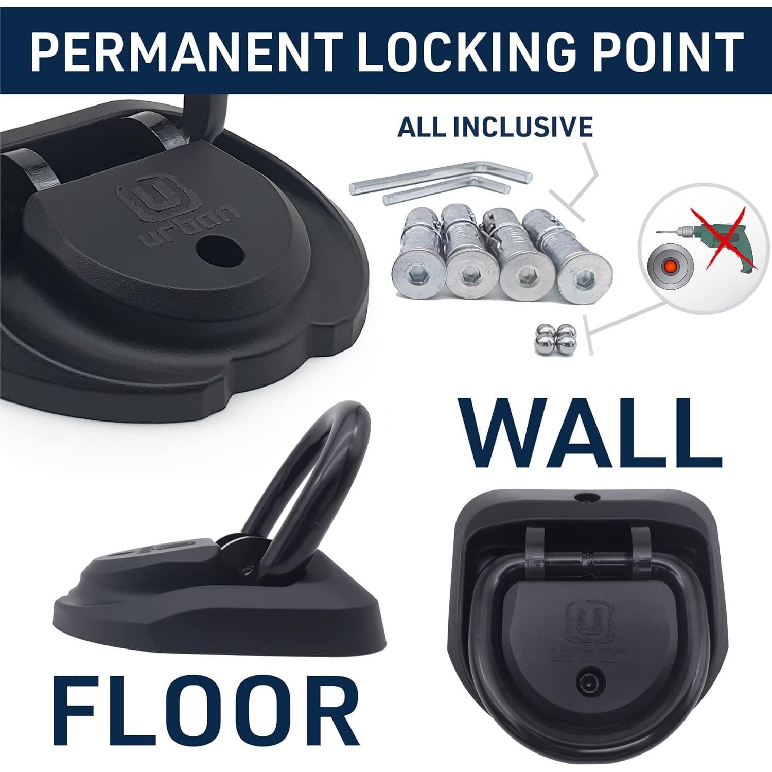 urban UR55 Highest Tested Security Anchor for Motorcycle, Foldable ø14 Hardened Steel Ring, 4 Expansion Bolts, Anti-Theft Wall Ground Dloor Fixing for Garage, Trailer, Scooter, Bicycle Parking