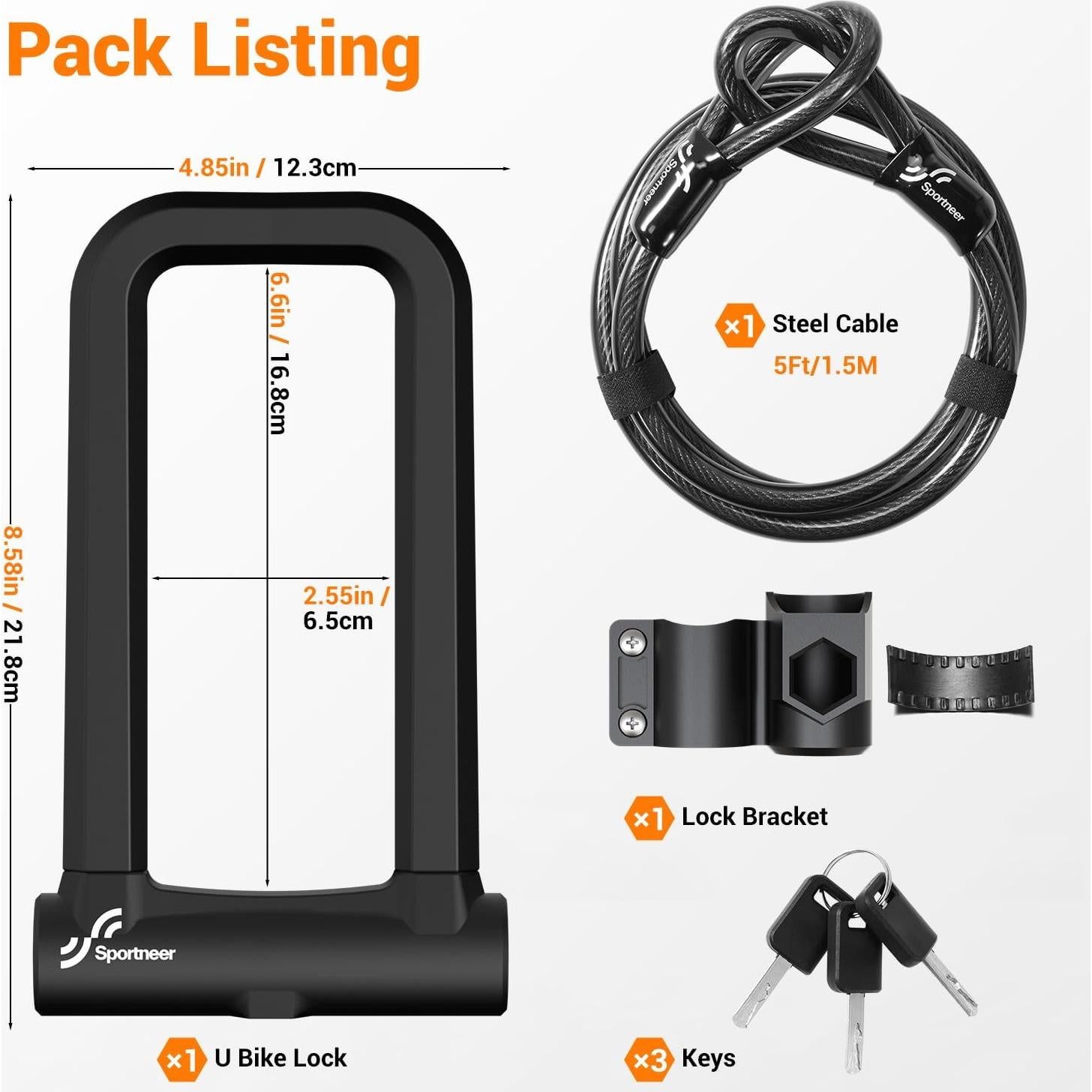 Candado U Sportneer 18mm Alta Seguridad con Cable 1.5m