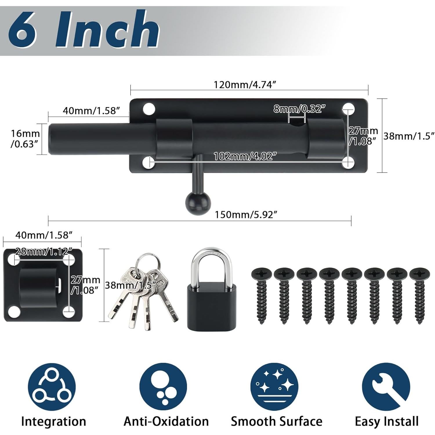 Pestillo deslizante Alise 6" acero inoxidable negro mate