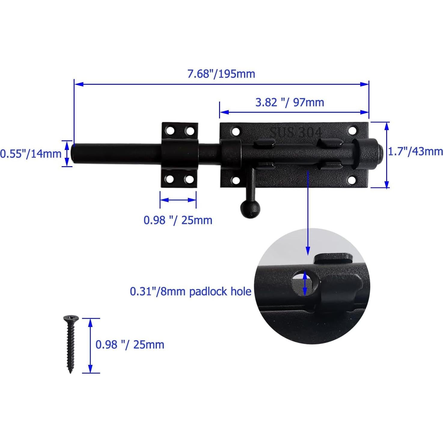 Cerrojo deslizante de 20 cm Proshopping - Acero inoxidable 304